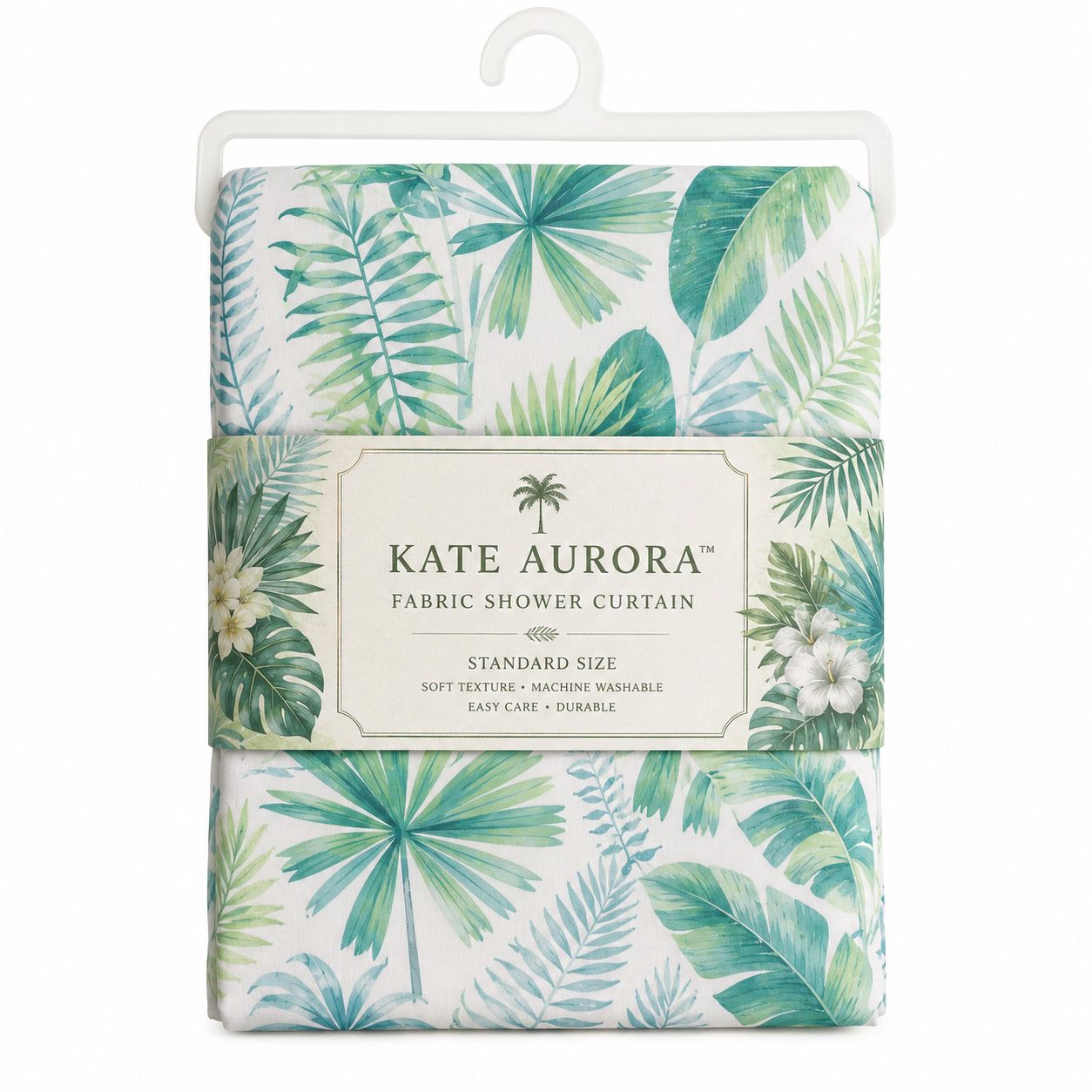 Kate Aurora Tropic Essentials Coastal Aqua Palm Fabric Shower Curtain