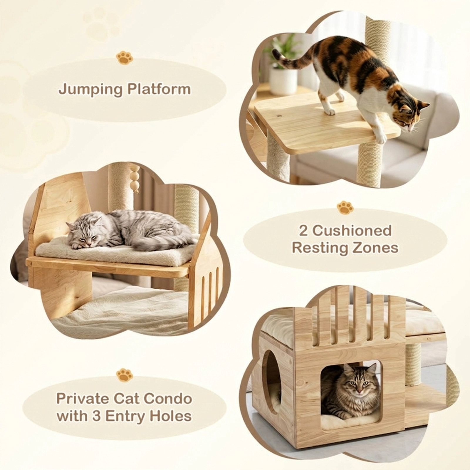 SUGIFT Beige Solid Wood Cat Tree with Padded Top Perch and Condo 23.5-in W 15.5-in D 48.5-in H 33-lb Per Layer