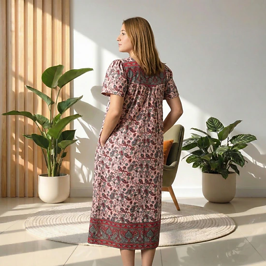 Loungees Border Print Cotton Lounge Dress House Dress Caftan Sweetheart Neck Short Sleeve
