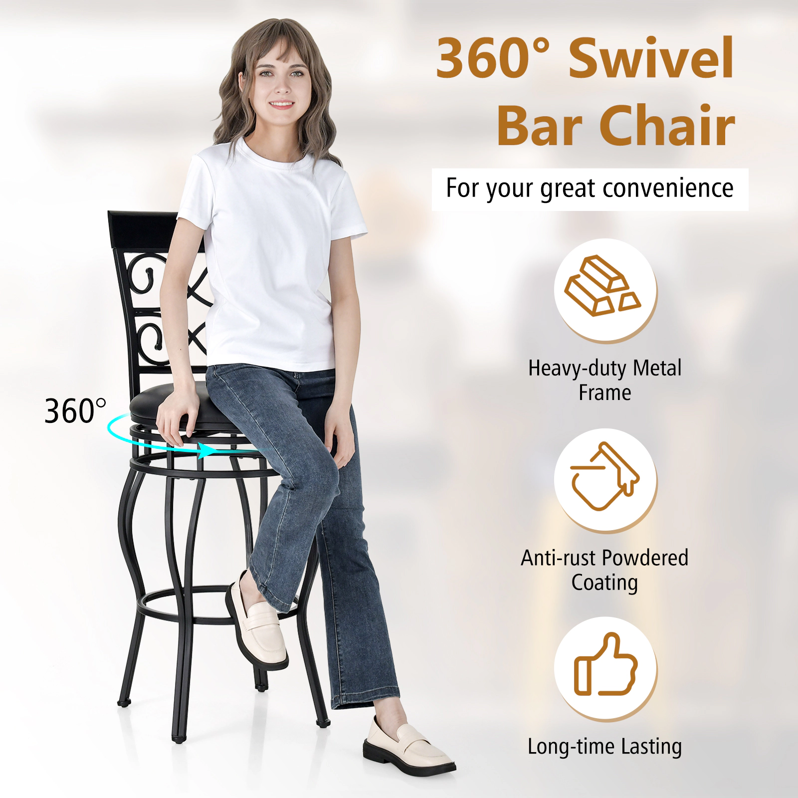 Glintex 2-Piece 30-Inch Swivel Bar Stool Set with Wide Padded Backrest