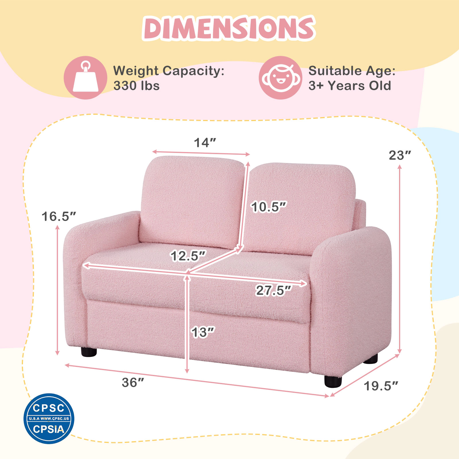 SUGIFT Kids Sofa Toddler Couch 330-lb Capacity Ages 3+ Pink
