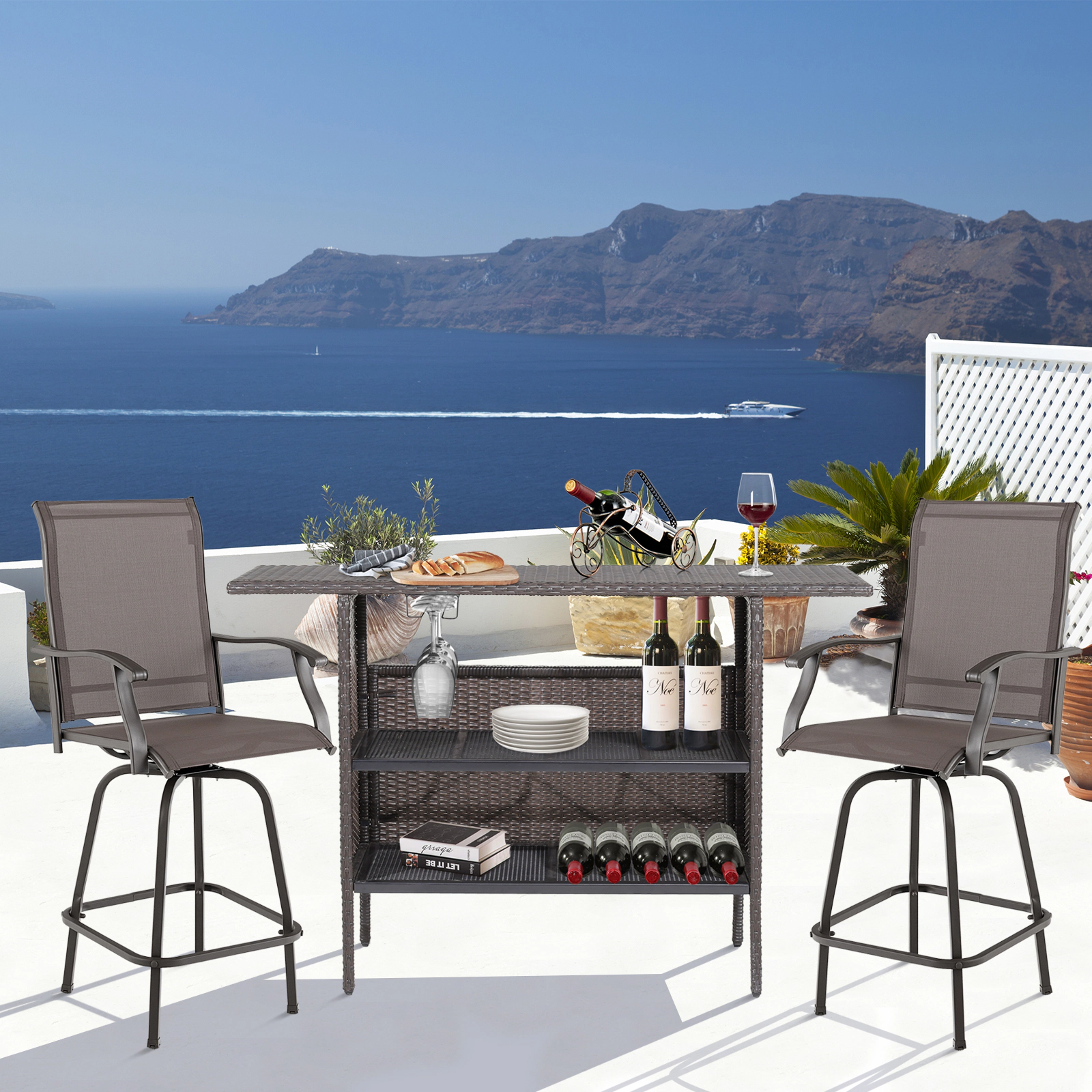 SUGIFT Outdoor Wicker Bar Table 2 Metal Mesh Shelves 77-lb Tabletop Capacity 55 x 18.5 x 36 in Mix Brown PE Rattan Steel