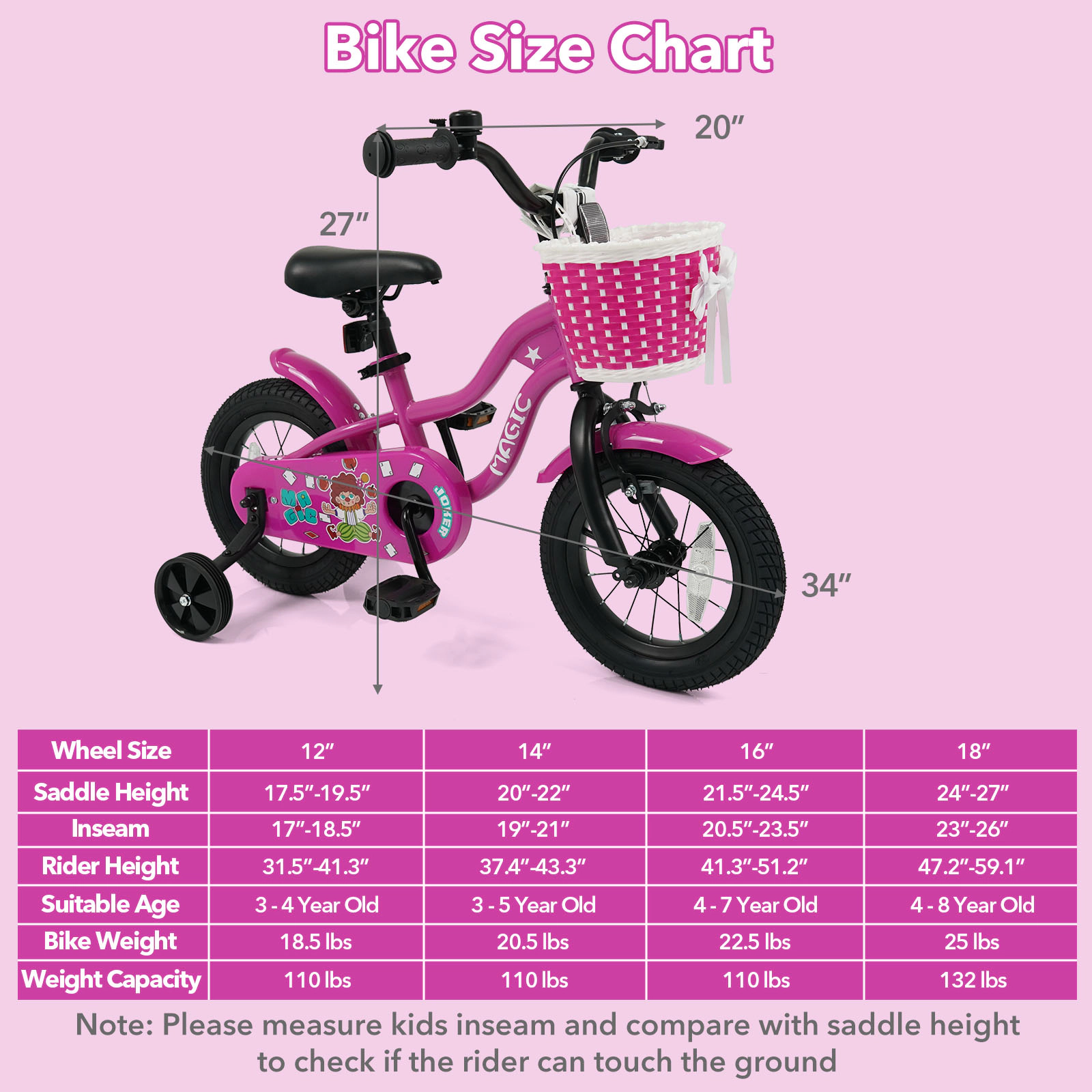 SUGIFT Detachable Training Wheels and Adjustable Saddle Kids Bike