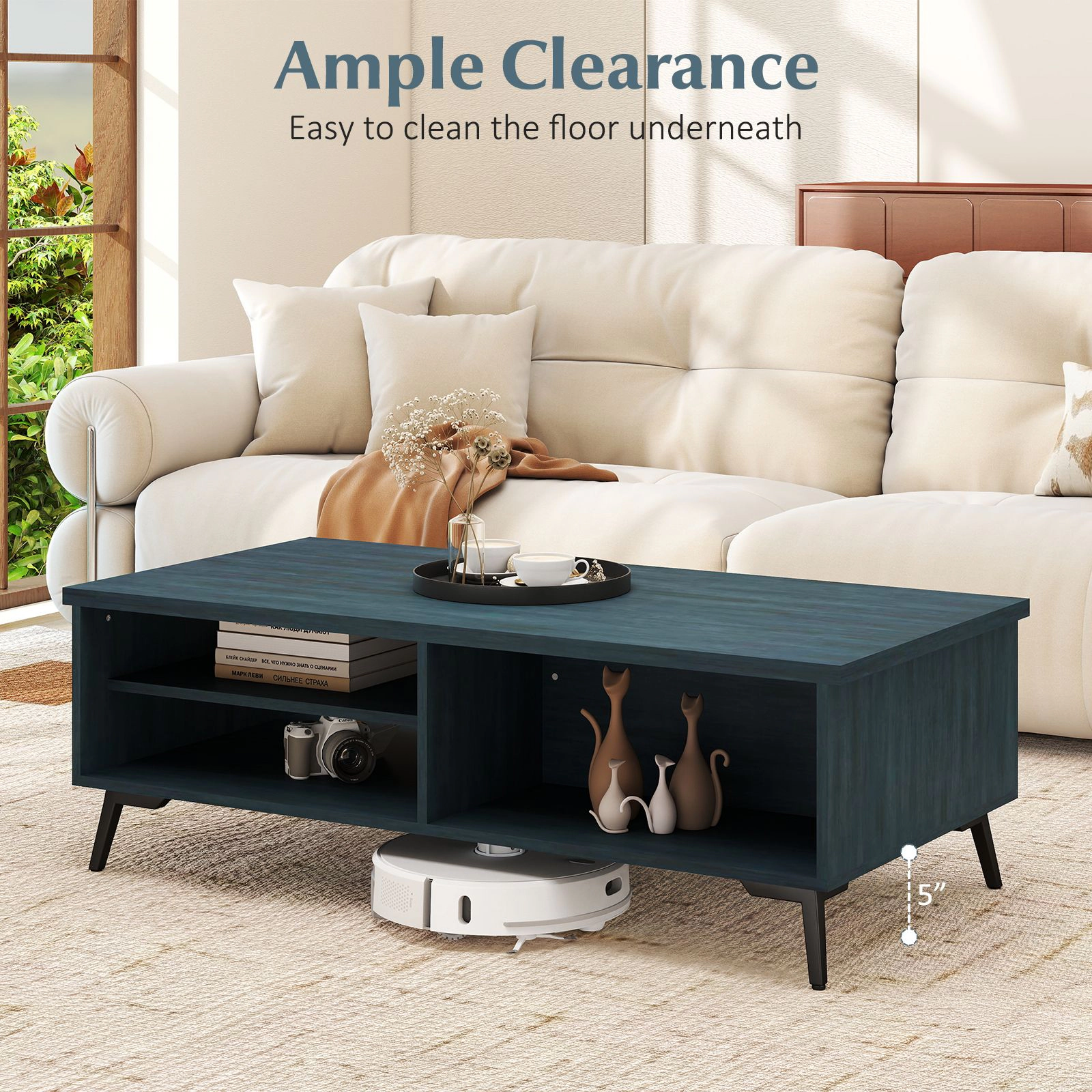 SlickBlue Mid Century Coffee Table with Storage Shelves and Compartments