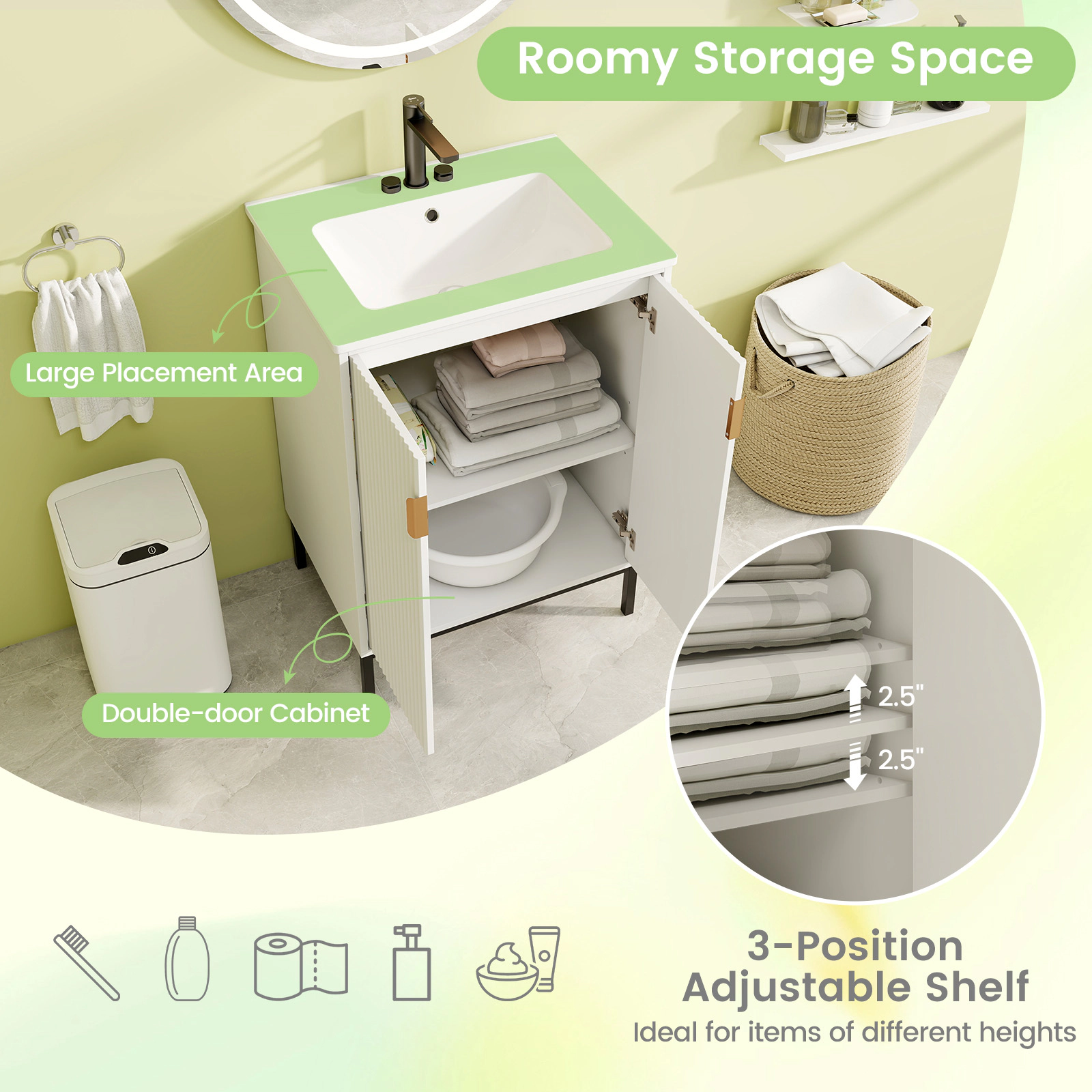 SUGIFT 2-Door Ceramic Sink Adjustable Shelf Bathroom Vanity Cabinet 24-in x 18-in x 34.5-in 270-lb Capacity White