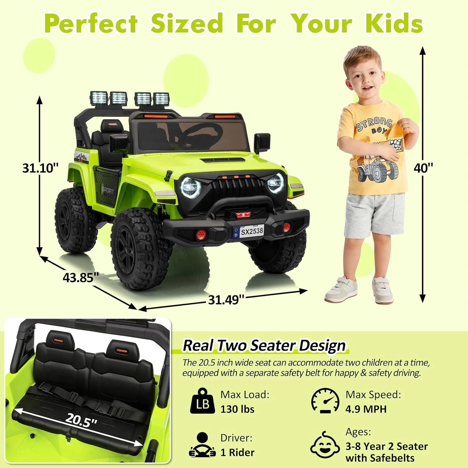 24V 2-Seater Kids Ride On Truck, Electric Car with 4WD 800W Motor,Parent Remote Control,3 Speeds& Built-in Music Player