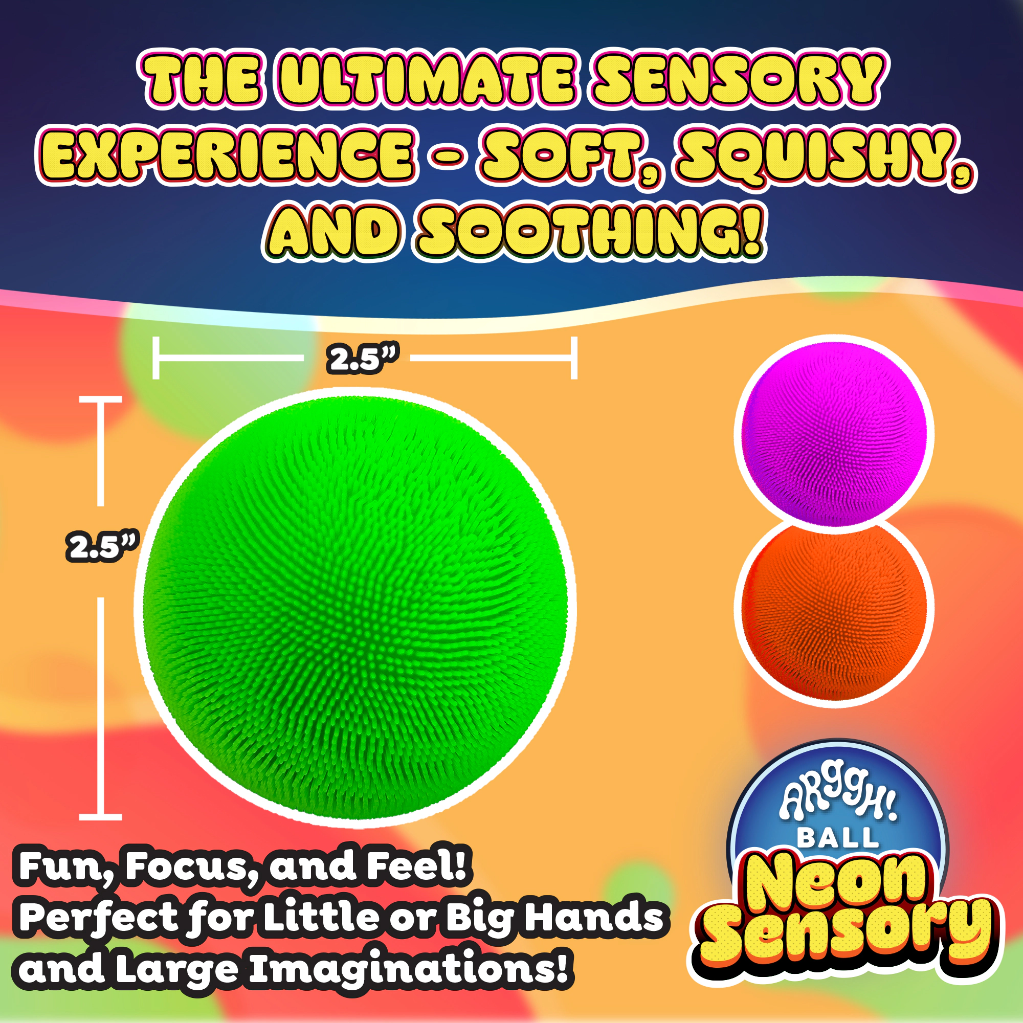 Power Your Fun 3-Pack Neon Sensory Squish Balls - Bright and Fun Stress Relief Toys For Kids