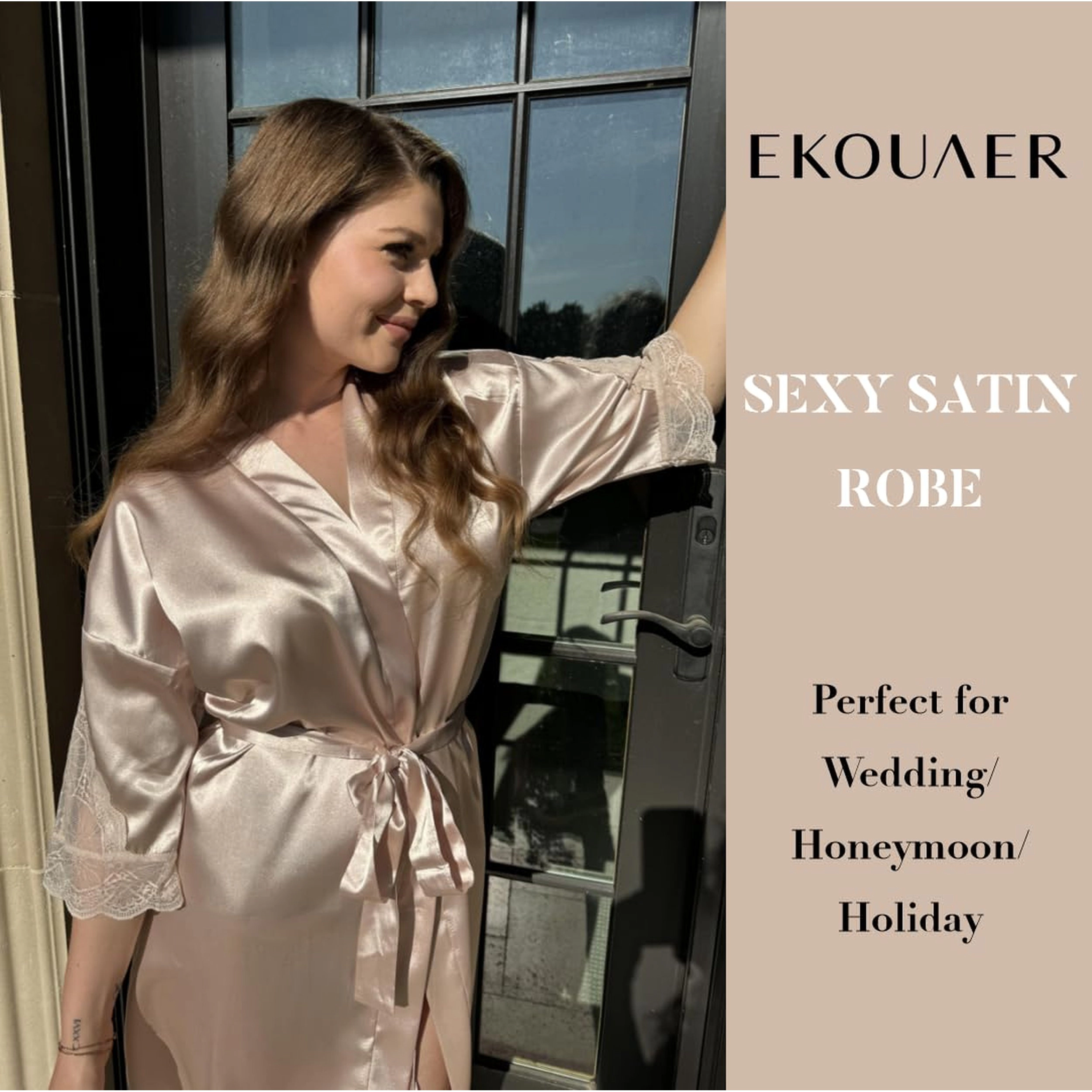 Ekouaer Women Satin Robes Lace Cami Silk Bridesmaid Lingerie Kimono Three Quarter Sleeve