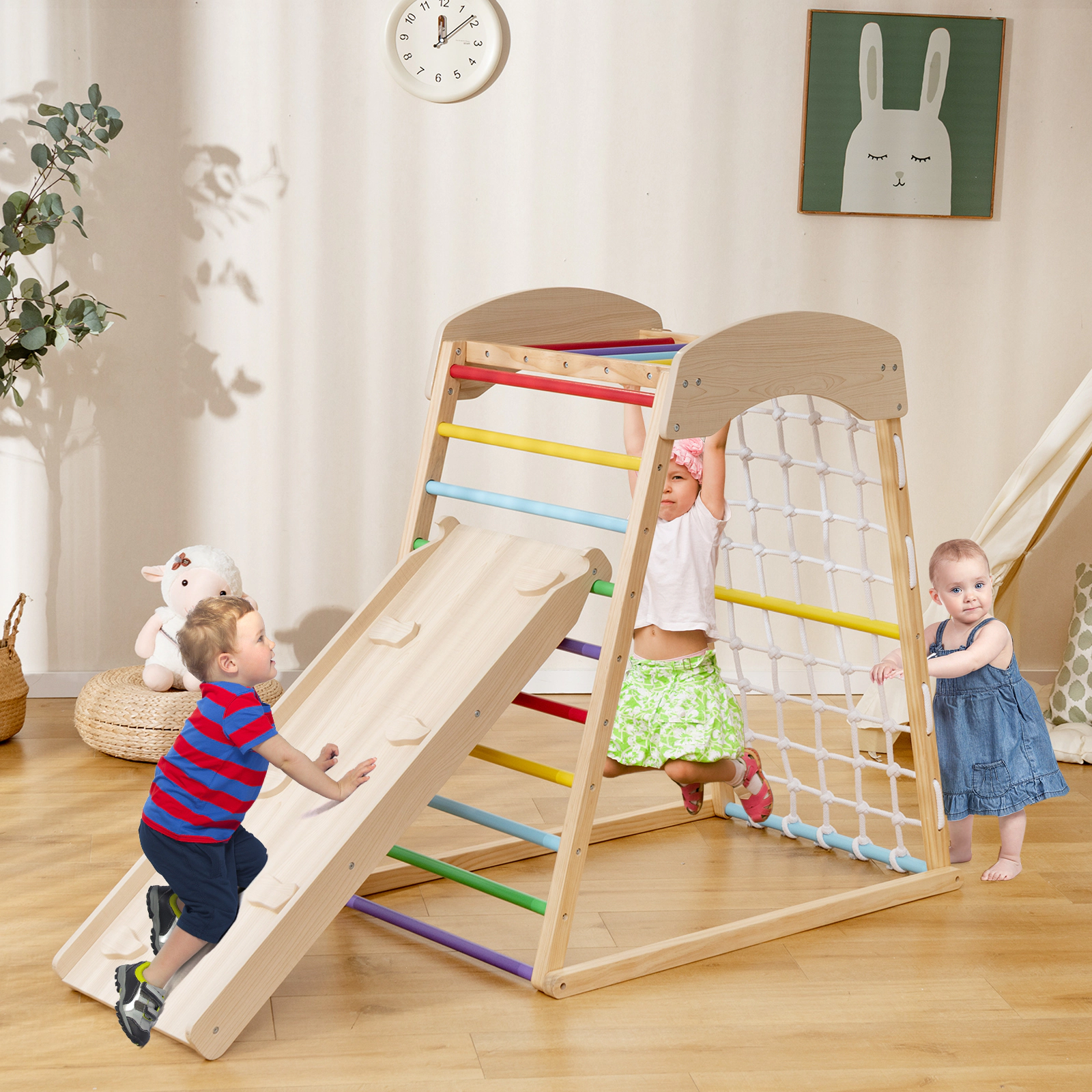 SUGIFT Multicolor 6-in-1 Wooden Kids Climber with Monkey Bars and Reversible Ramp 41.5-in W 26.5-in D 44.5-in H