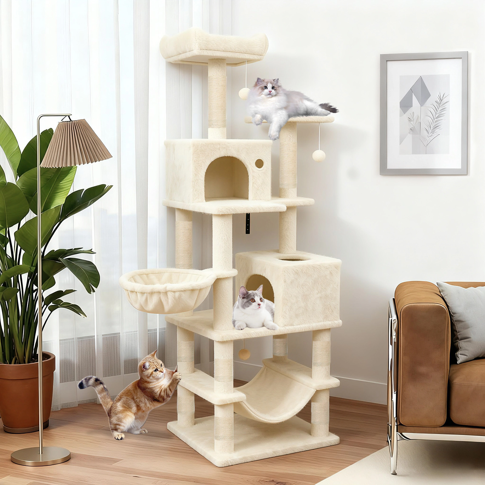 SUGIFT 66 Cat Tower with 2 Condos Perches Hammock and Woven Basket