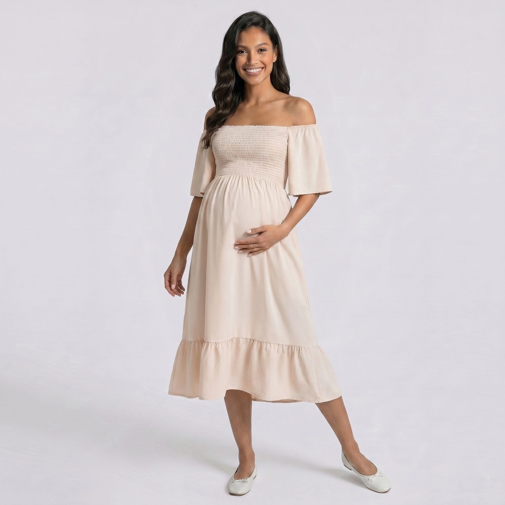 Anna-Kaci Women's Maternity Off Shoulder Smocked Short Sleeves Maxi Dress