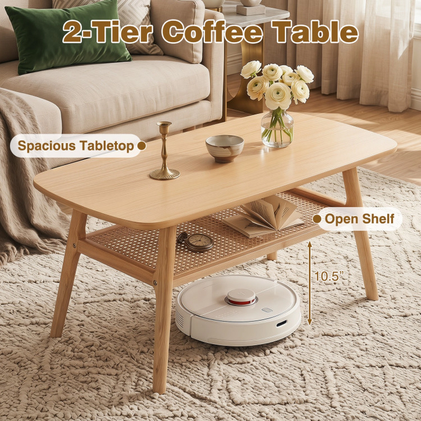 SUGIFT 39.5-in 175-lb Capacity Natural Wood Veneer Boho Rattan Coffee Table with Rounded Corners and Edges