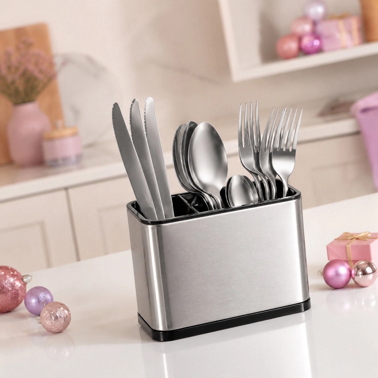 WZK Stainless Steel 4 Divided Compartment Flatware Kitchen Utensil Holder
