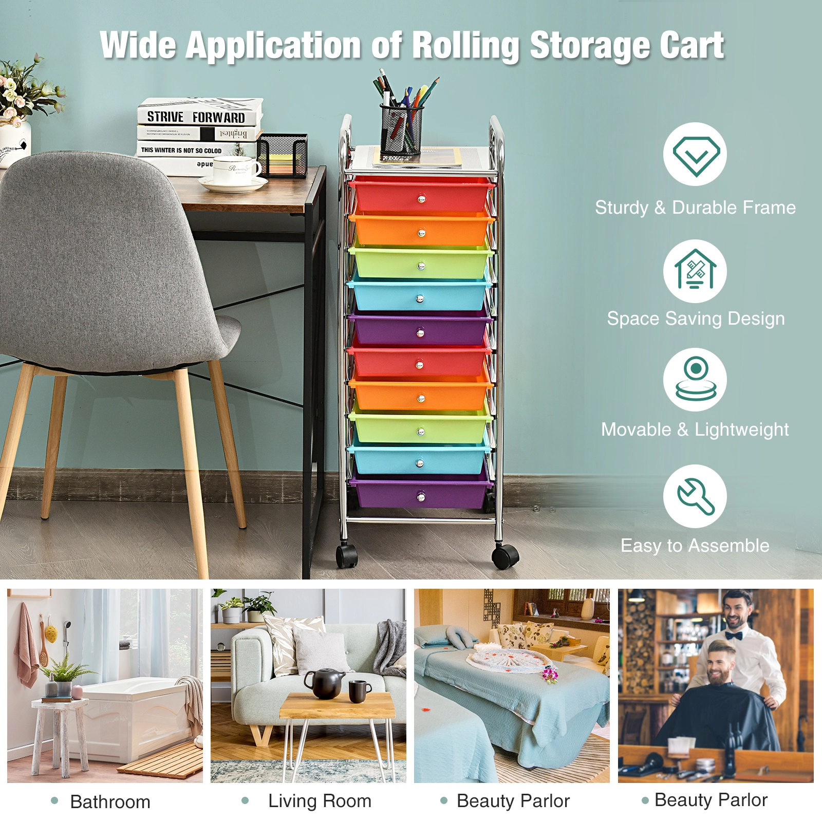 SUGIFT Purple 10-Drawer Slim Rolling Storage Cart with 4 Universal Casters 13-in W 15-in D 34-in H 3-lb Per Drawer
