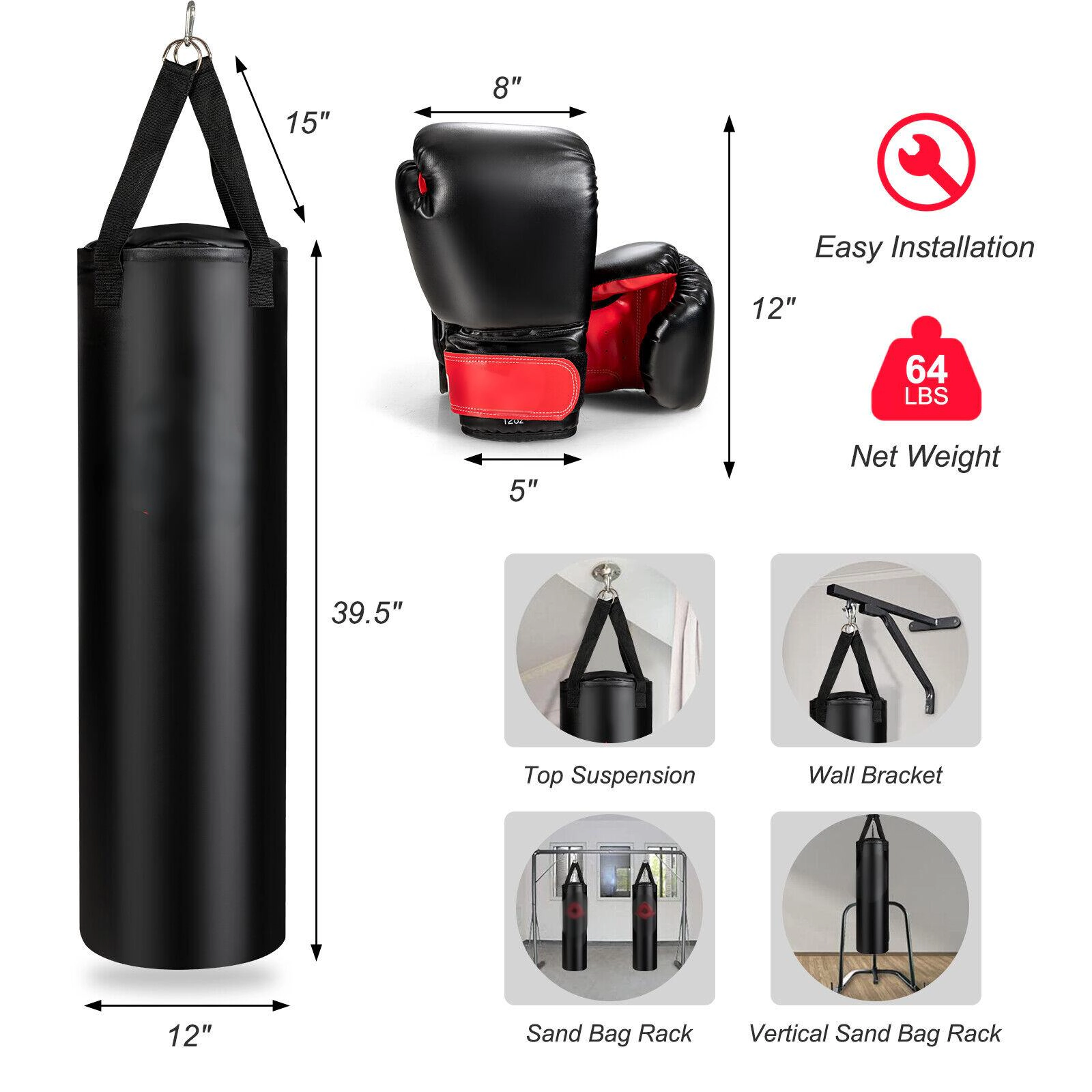 SUGIFT Black 63-lb Adult Filled Punching Bag Set with Boxing Gloves and Hand Wraps 12-in W 12-in D 39.5-in H