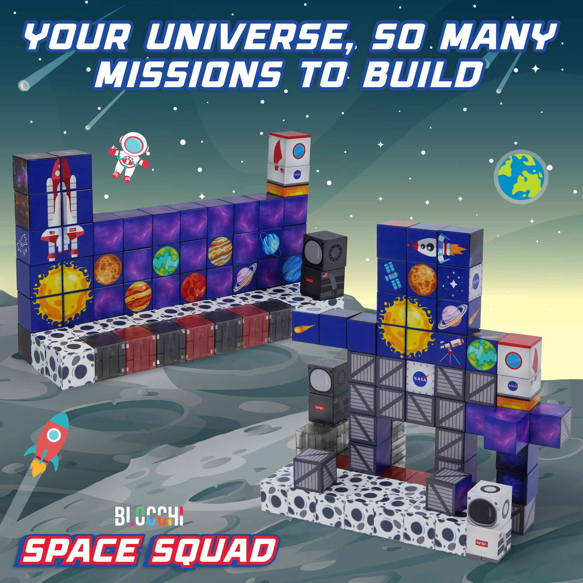 USA Toyz Blocchi Space Squad Magnetic Block Set, 84 Pieces, STEM Space Toys for Kids
