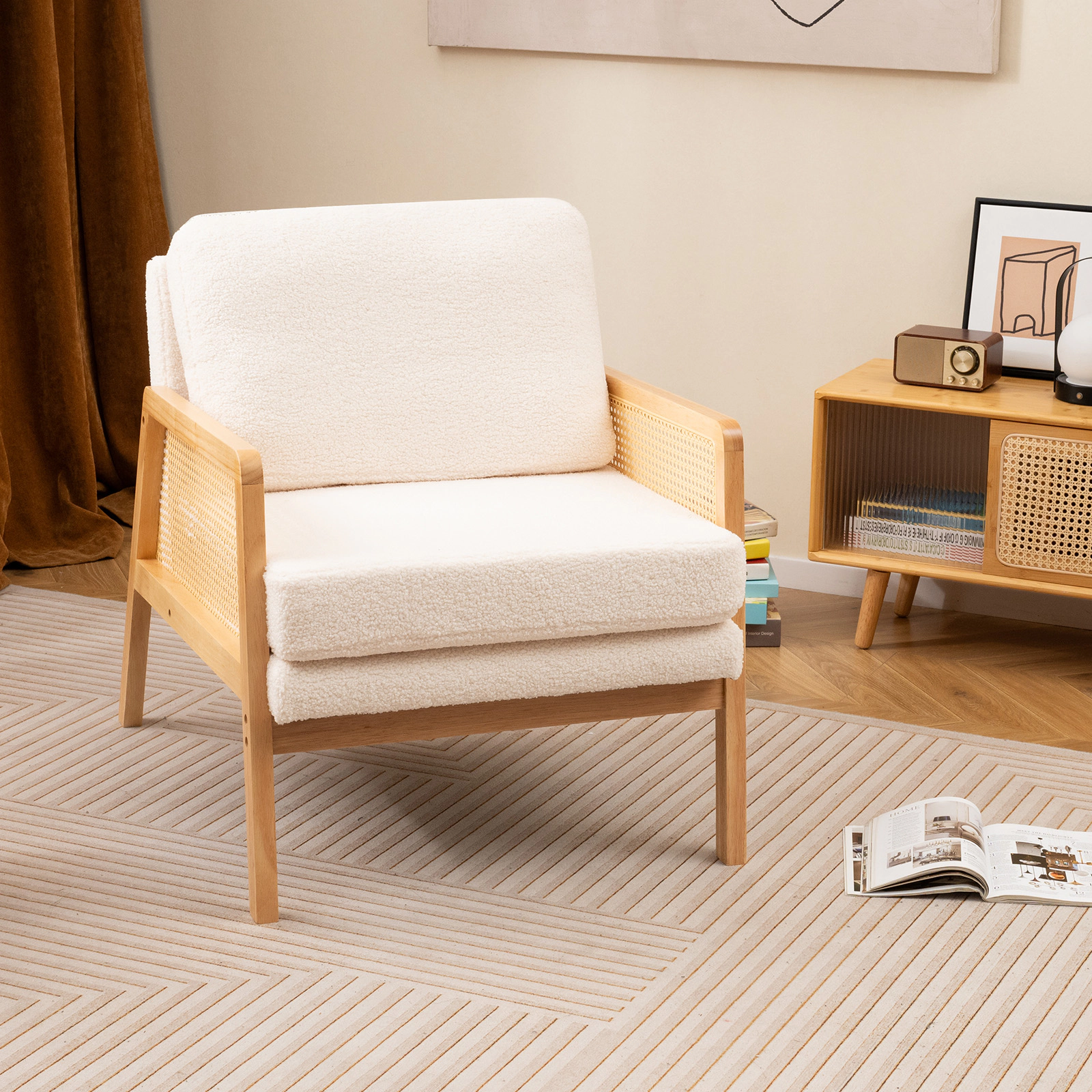 LJG Mid Century Modern Accent Chair with Rattan Arms and Cushion