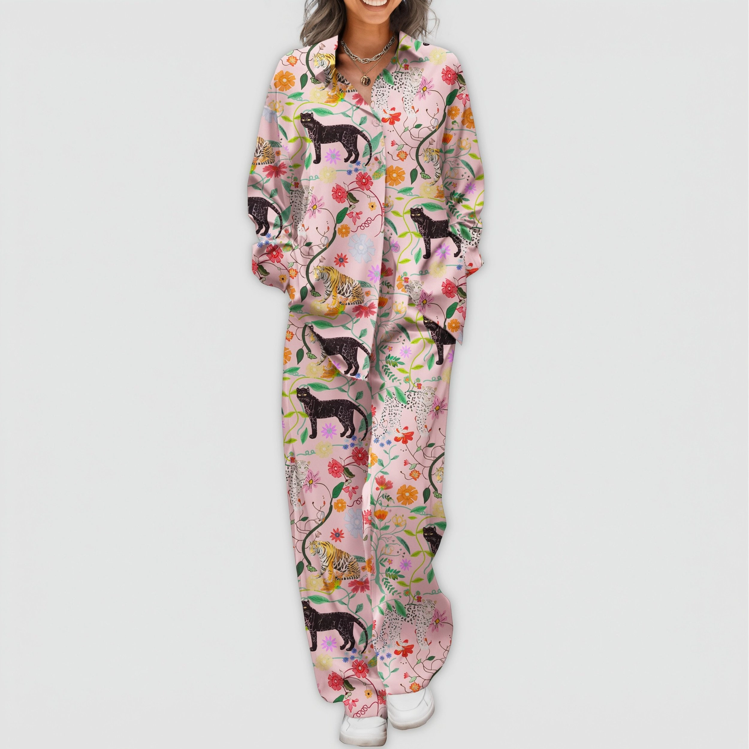 Ekouaer Womens Satin Silky Sets Two Piece Animal Print Button Down Long Sleeve Outfits