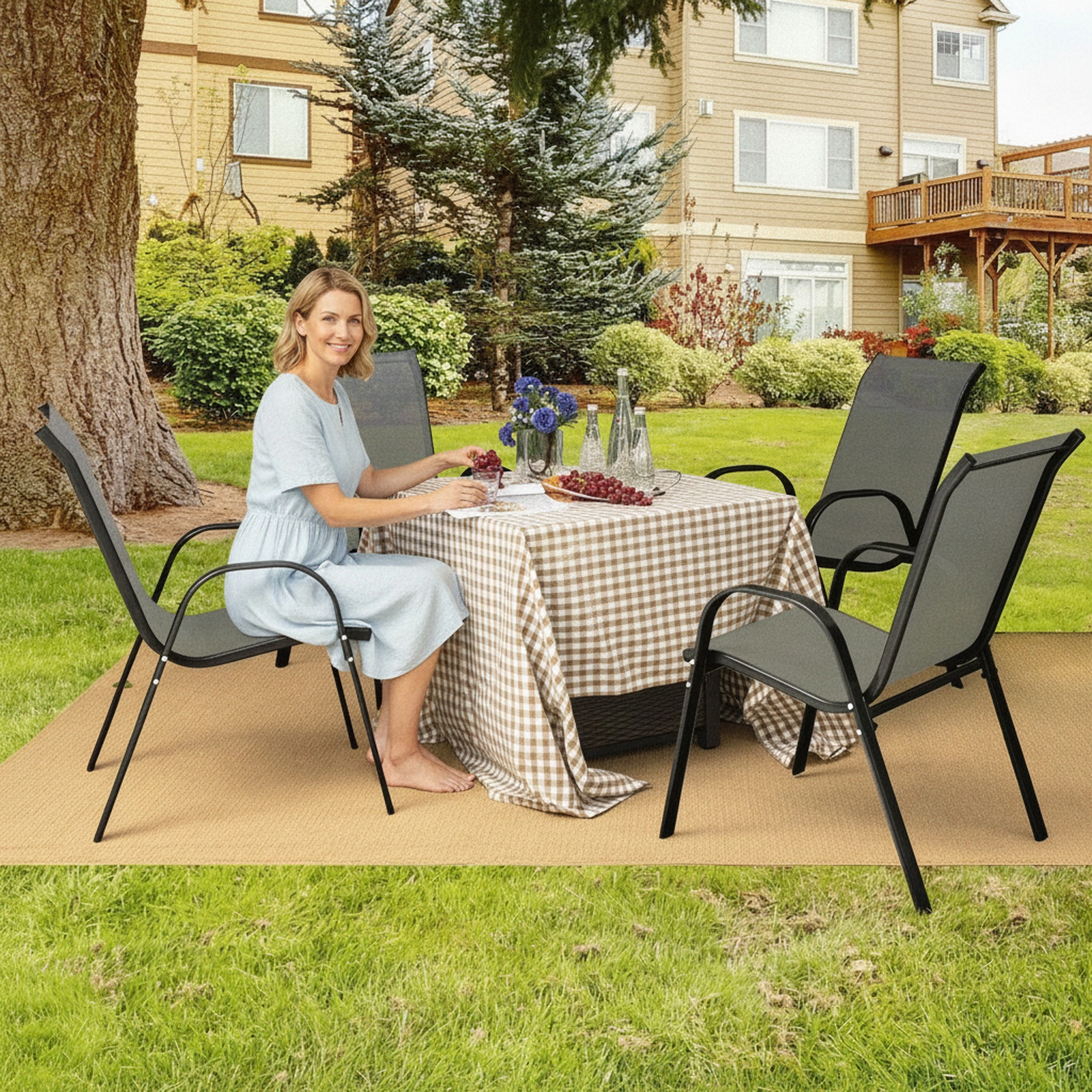 SUGIFT Set of 4 Stackable Patio Dining Chairs, Gray Sling Fabric, Steel Frame