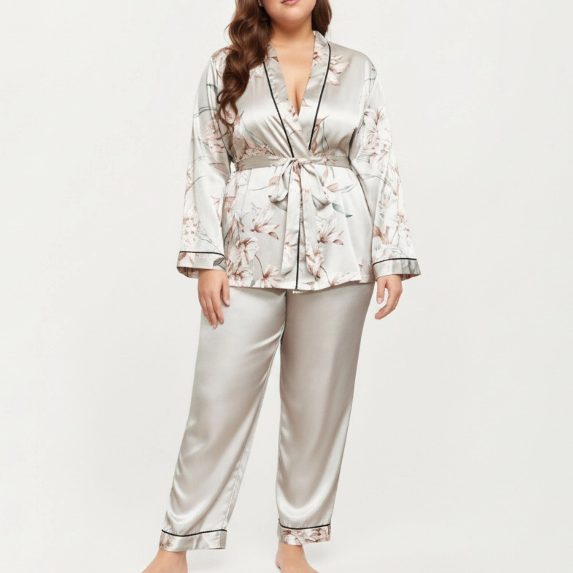 Anna-Kaci Women's Plus Satin Pajama Set with Wrap Front Tie Waist Top and Straight Leg Pants