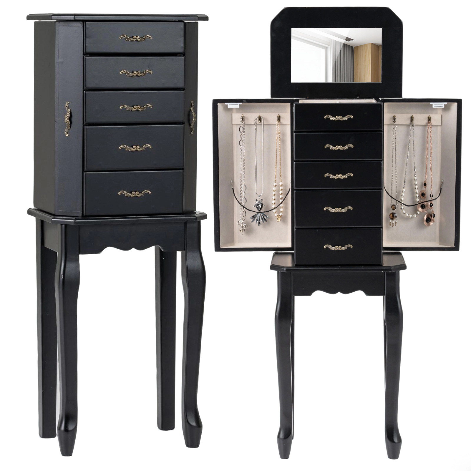 SUGIFT Standing Jewelry Box Black 47 in Armoire with 4 Drawers and 2 Side Doors