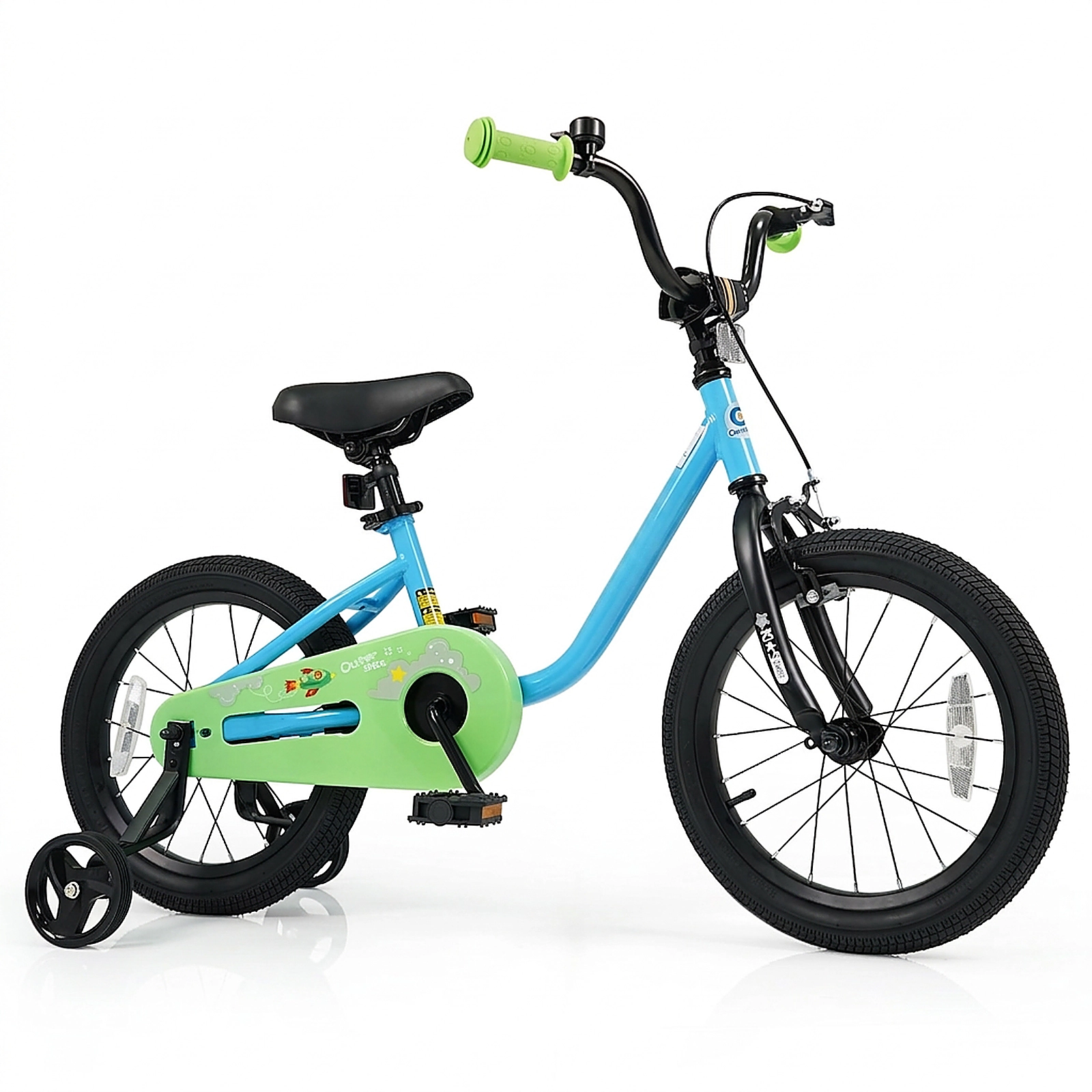 SUGIFT Adjustable Kids Bicycle with Training Wheels 110-lb Seat Capacity Ages 3-7 Blue + Green 12/14/16-Inch Wheels