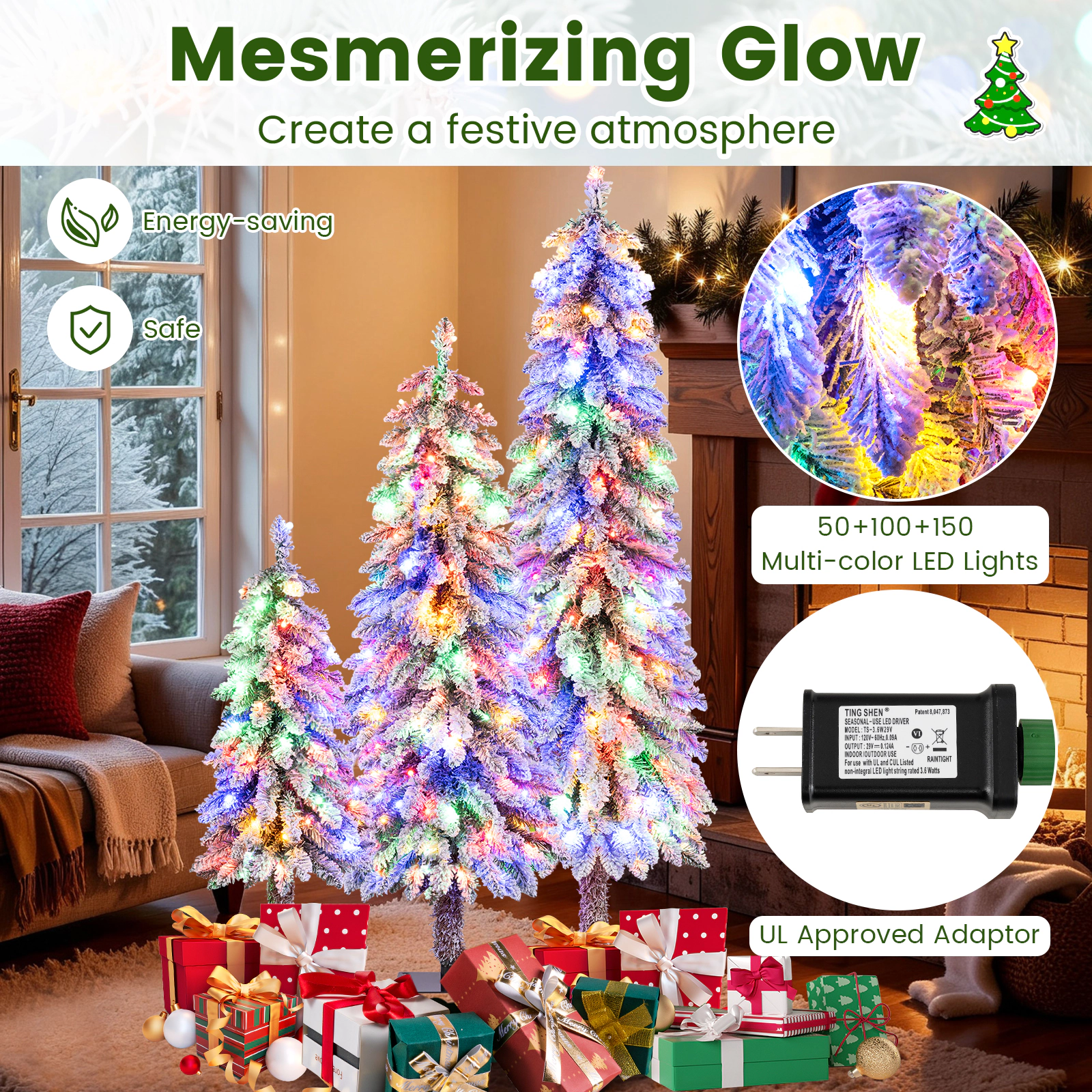 SlickBlue Set of 3 Slim Snow-Dusted Christmas Trees with LED Lights