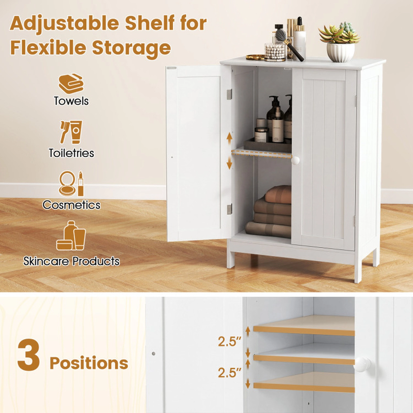 SUGIFT White 176-lb Top Capacity Double Door Bathroom Floor Storage Cabinet with 3-Level Adjustable Shelf