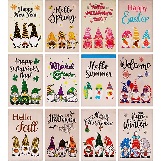 G128 Holiday Gnomes Garden Flag Set 12x18 inch - 12pc Burlap Polyester Double-Sided