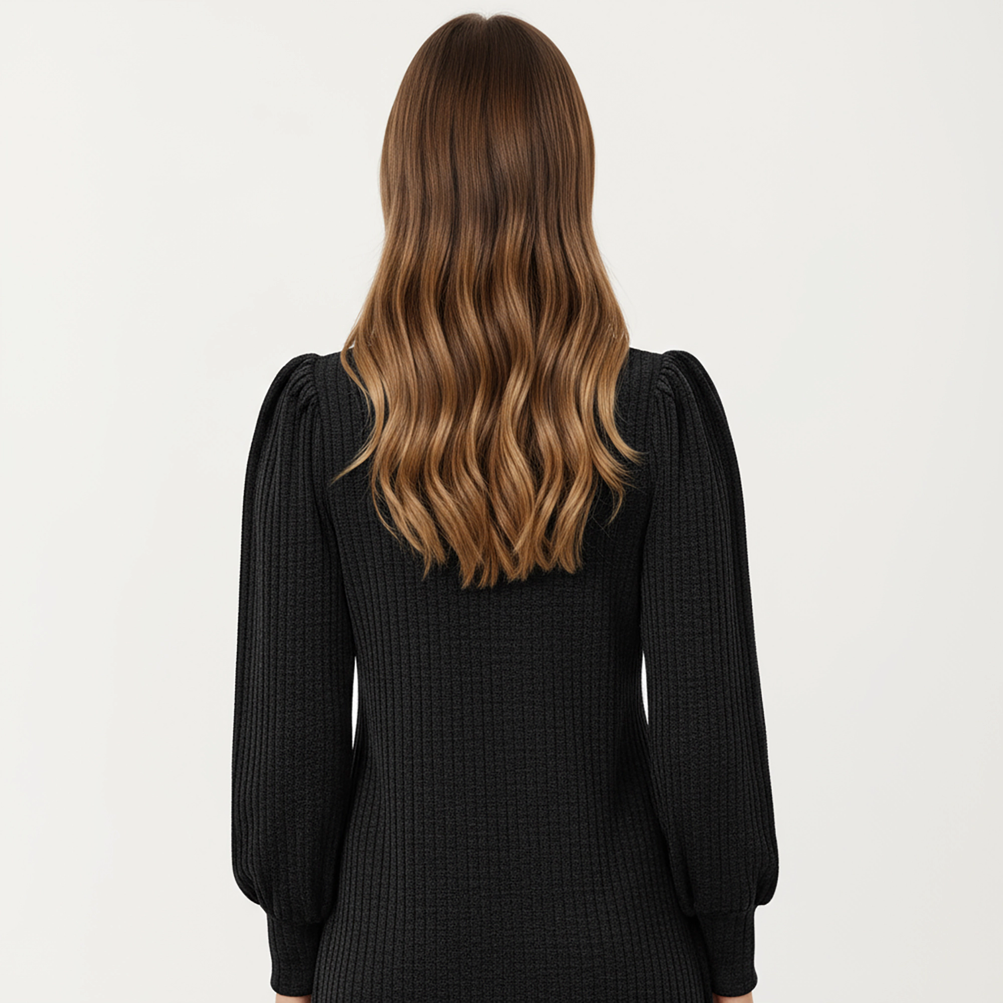 Anna-Kaci Women's Ribbed Knit Long Sleeve Puff Shoulder A-Line Dress