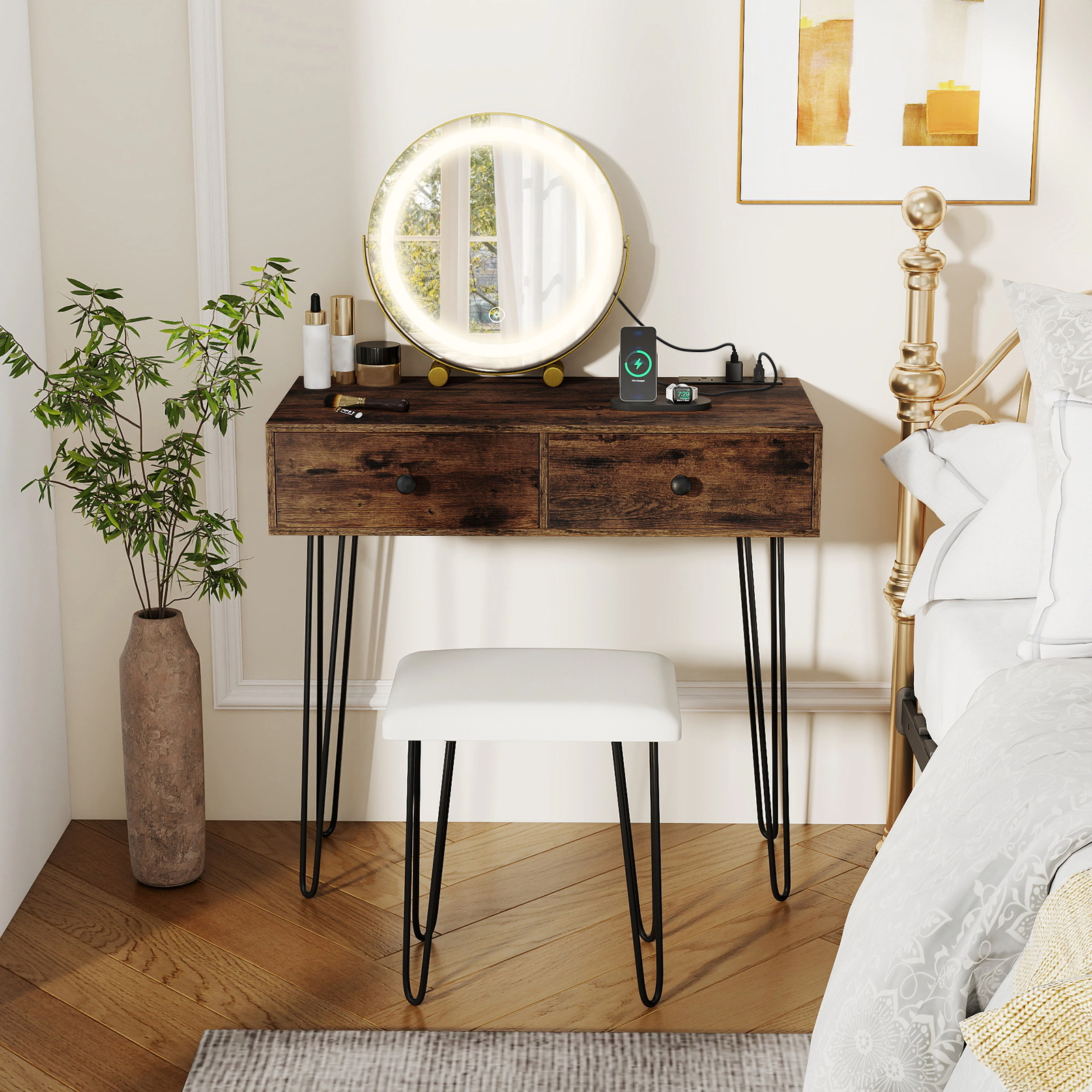 SUGIFT Rustic Brown Makeup Vanity with Lighted Mirror, Charging Strip, 2 Drawers and Stool