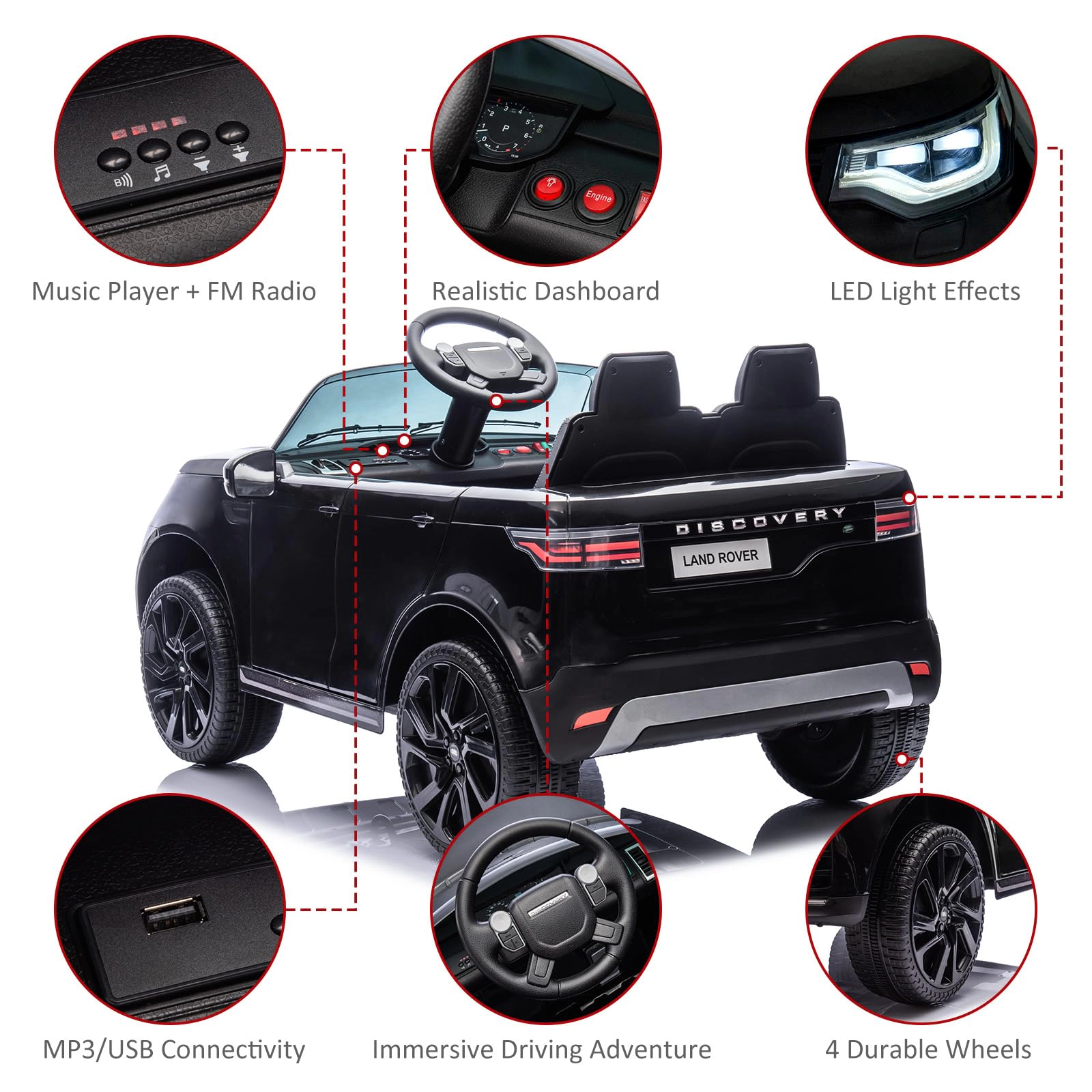 Enjyam 12V Licensed Land Rover 2-Seater Ride On Car for Kids, Battery Powered Electric Vehicle with Remote, LED Lights
