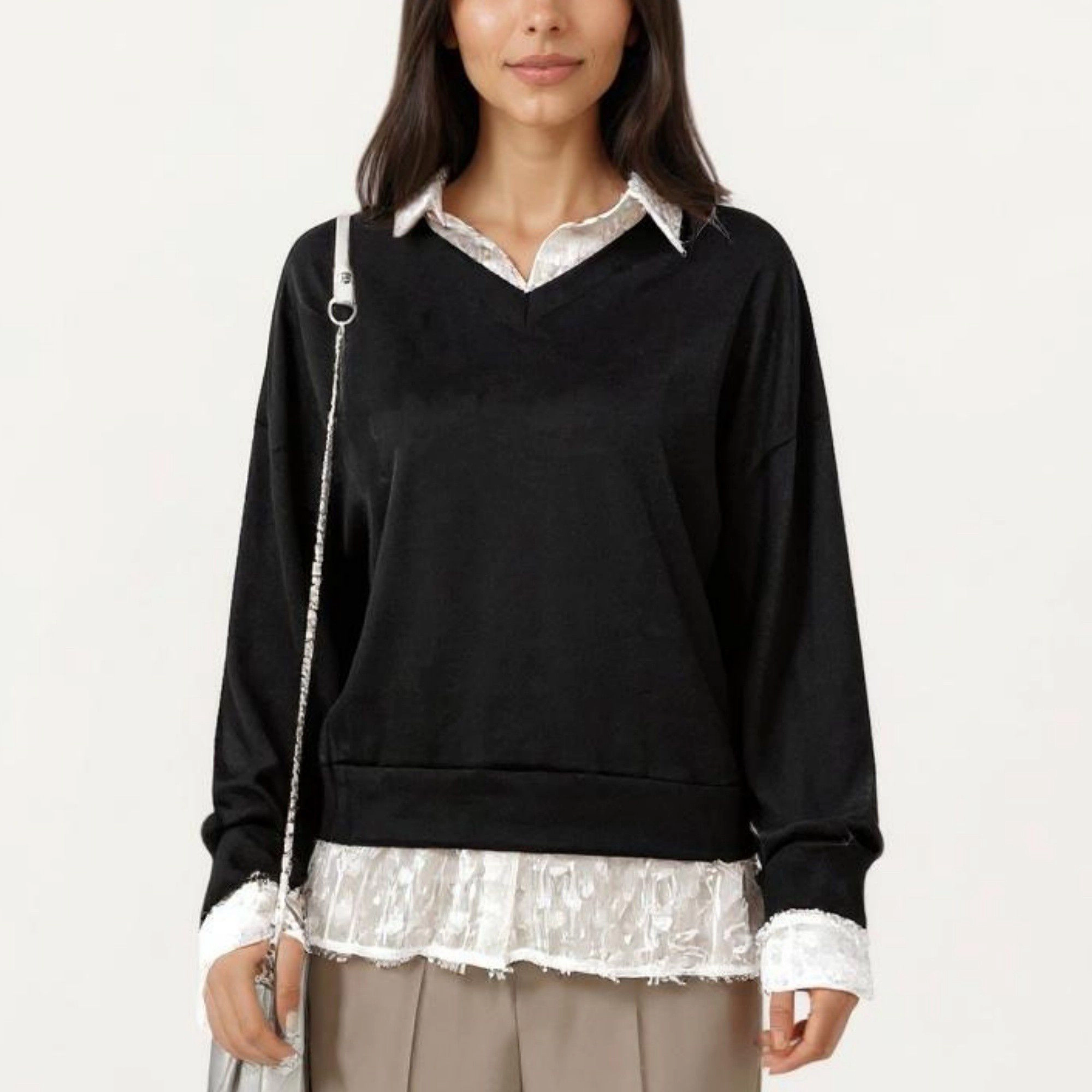 Anna-Kaci Women's Layered V-Neck Pullover Top with Lace Hem Long Sleeves