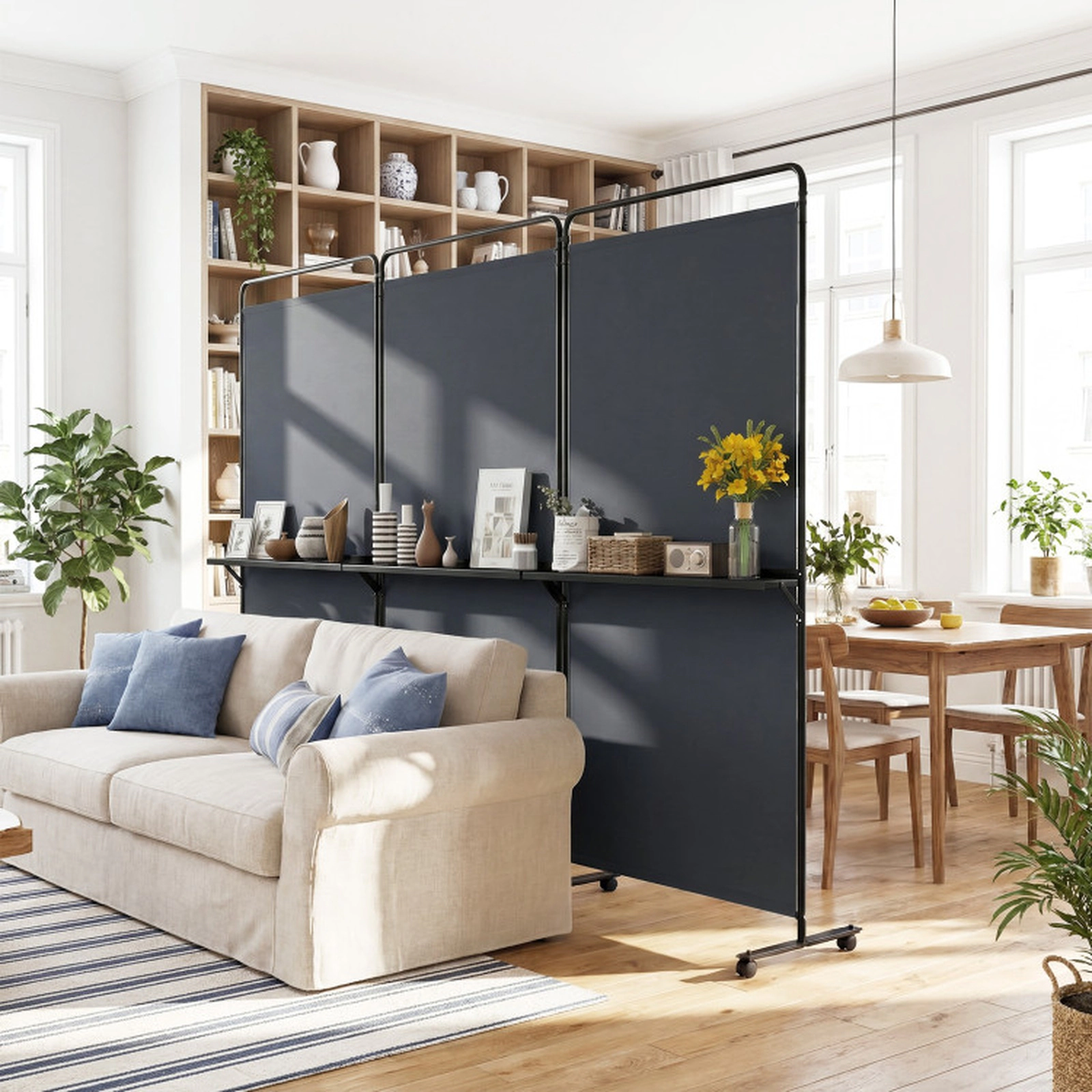 SUGIFT Gray 3-Panel Folding Room Divider Partition with 3 Shelves 8 Braked Wheels and 102-in Wide Span
