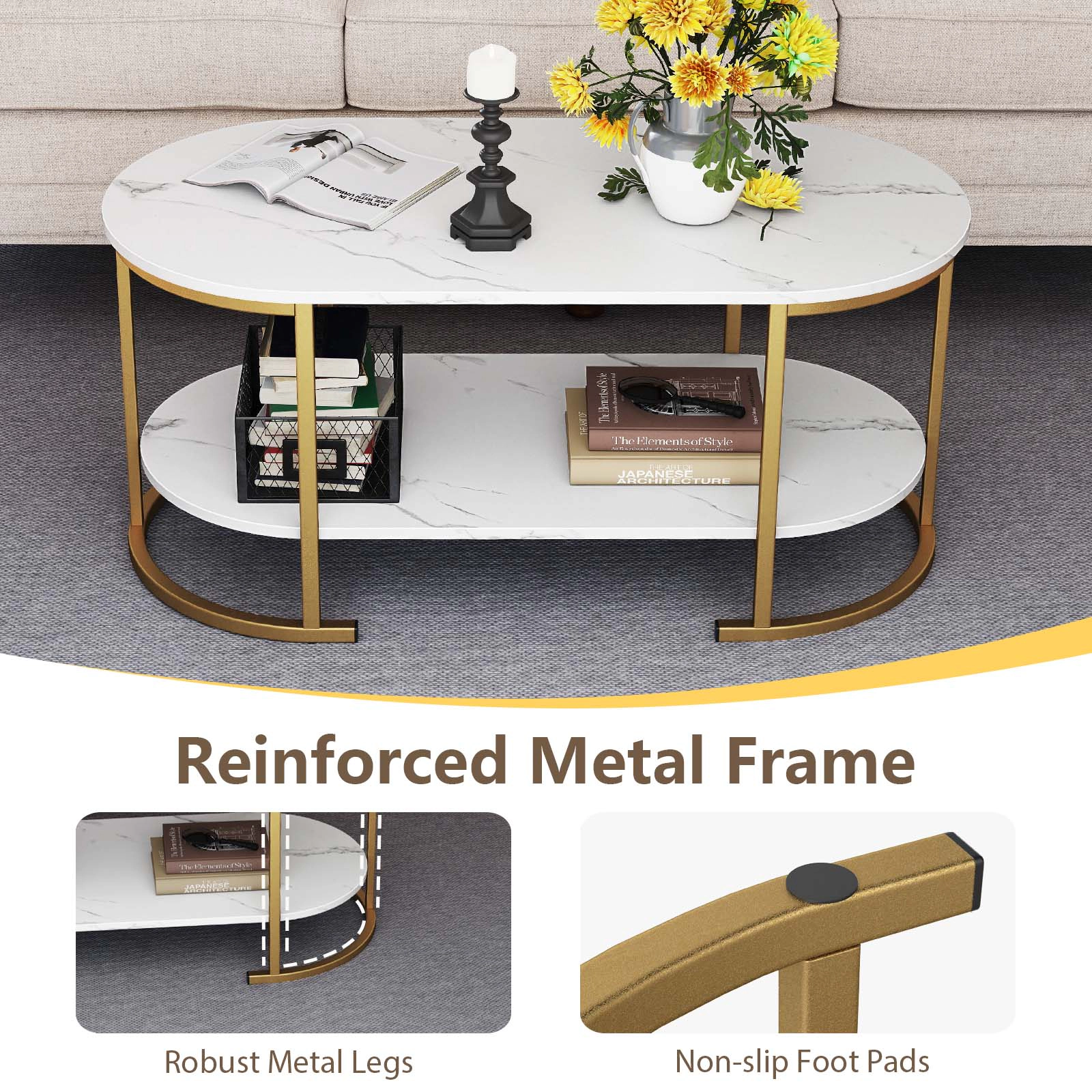 Glintex 2-Tier 39.5-Inch Oval Coffee Table with Metal Frame and Shelf