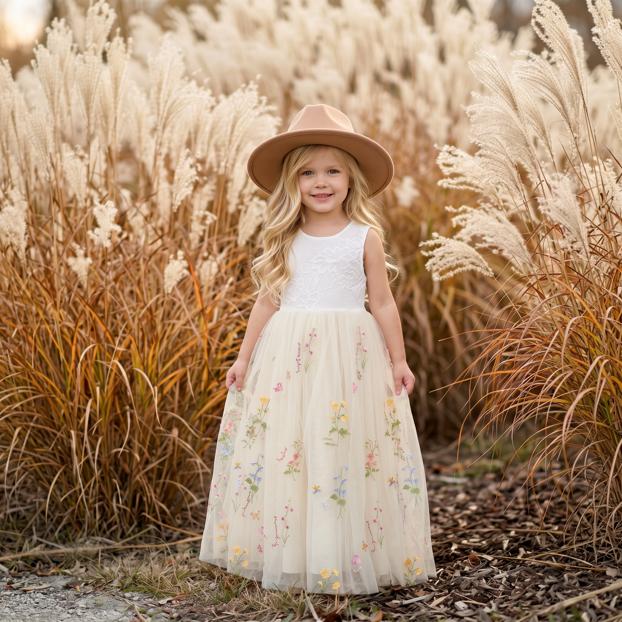 2Bunnies Girls' 3T-9Y Floral Embroidered Tulle Lace Sleeveless Maxi Flower Girl Dress