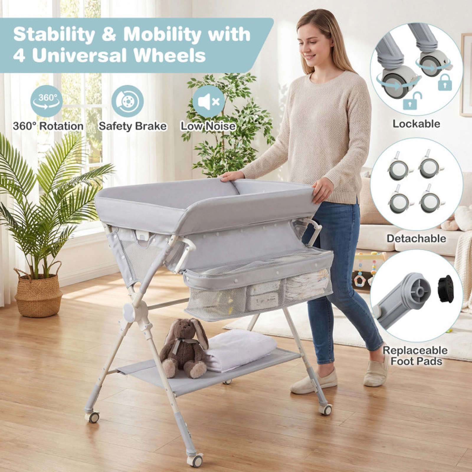 SUGIFT Foldable Baby Changing Table Diaper Station with Storage Bag and Shelf 55-lb Capacity Ages 0-12 Months Gray
