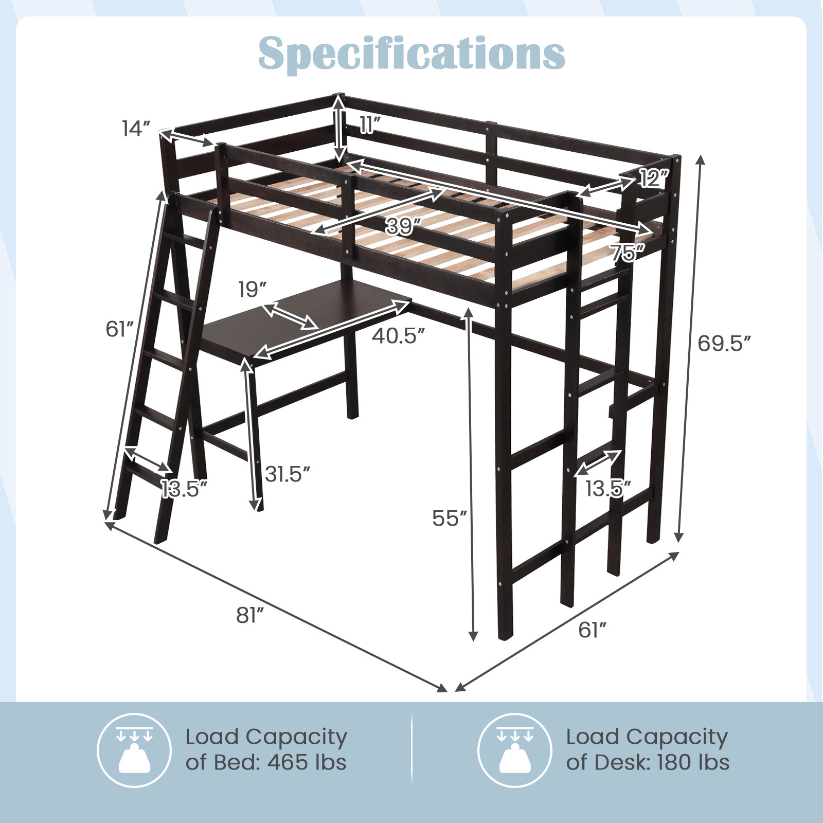 SUGIFT Espresso Angled Desk and Built-in Ladder Twin Teens Loft Bed Frame