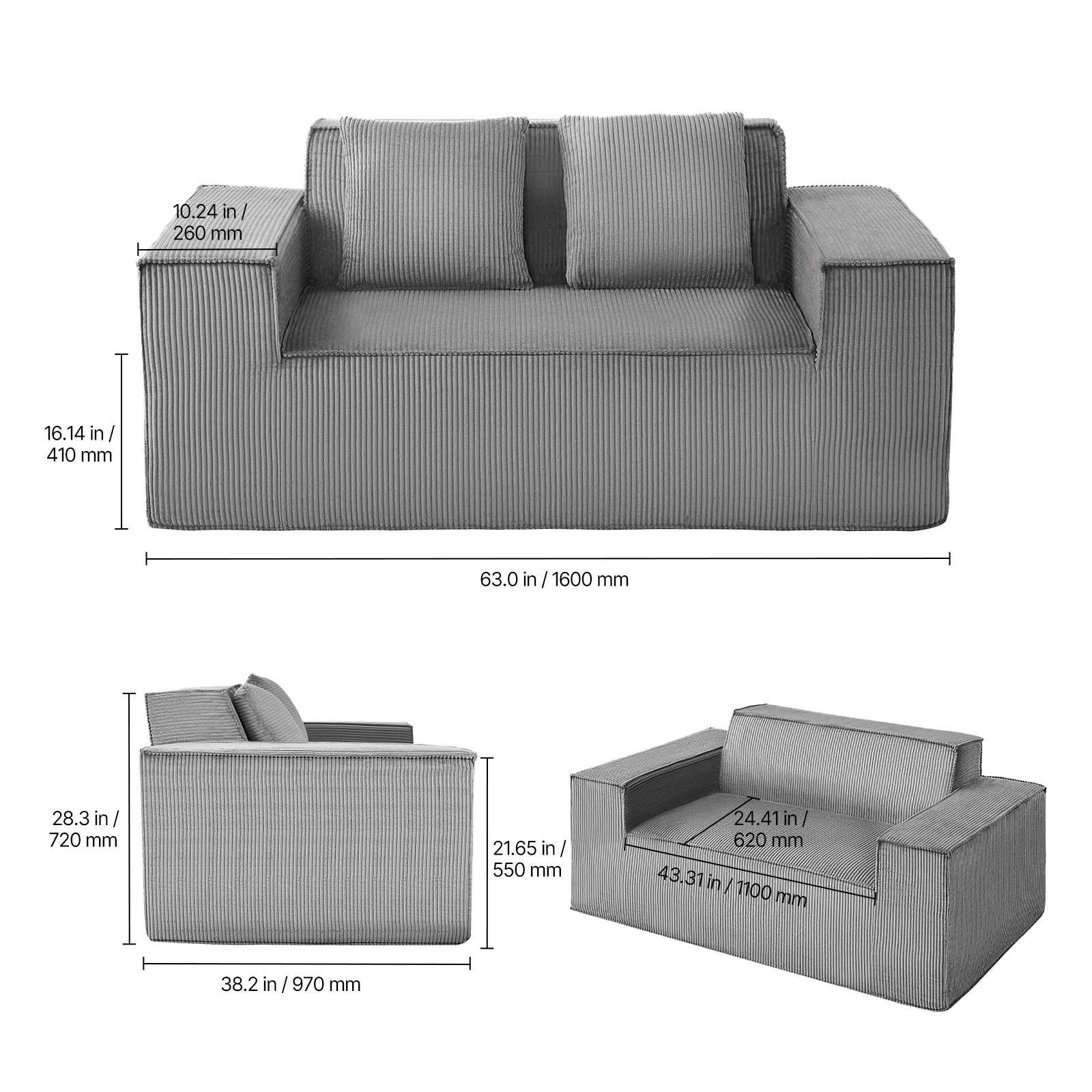HONGGE 63-Inch Corduroy Loveseat Sofa, 2-Seat Small Couch with Pocket Springs for Living Room or Apartment, Gray