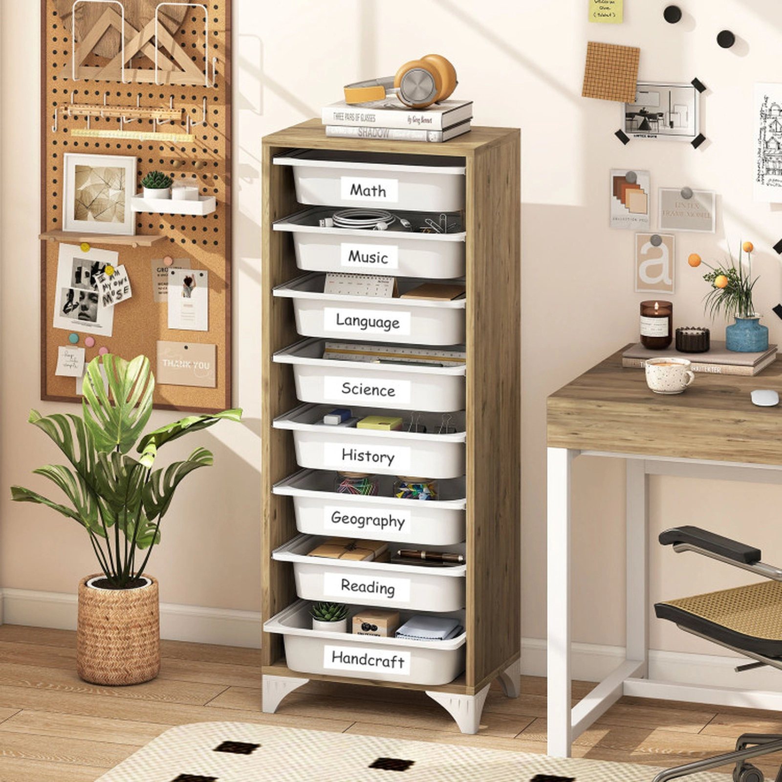 SUGIFT 9-Tier 46-in Oak Wooden Freestanding Fruit and Vegetable Storage Rack with 8 Slide-Out Baskets