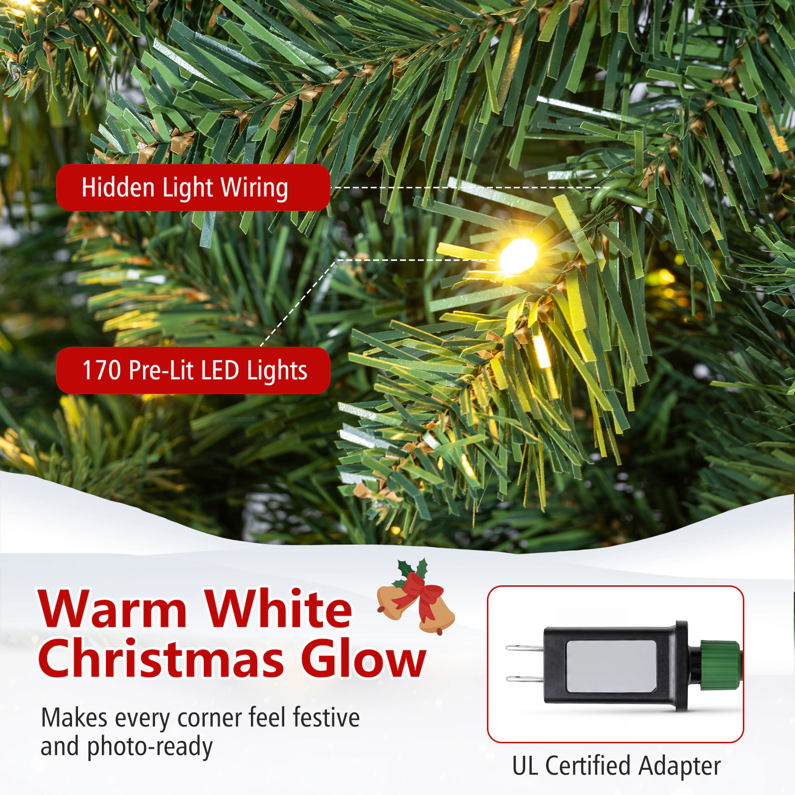 Costway 5 FT Pre-Lit Half Christmas Tree Hinged with 170 LED Lights Green