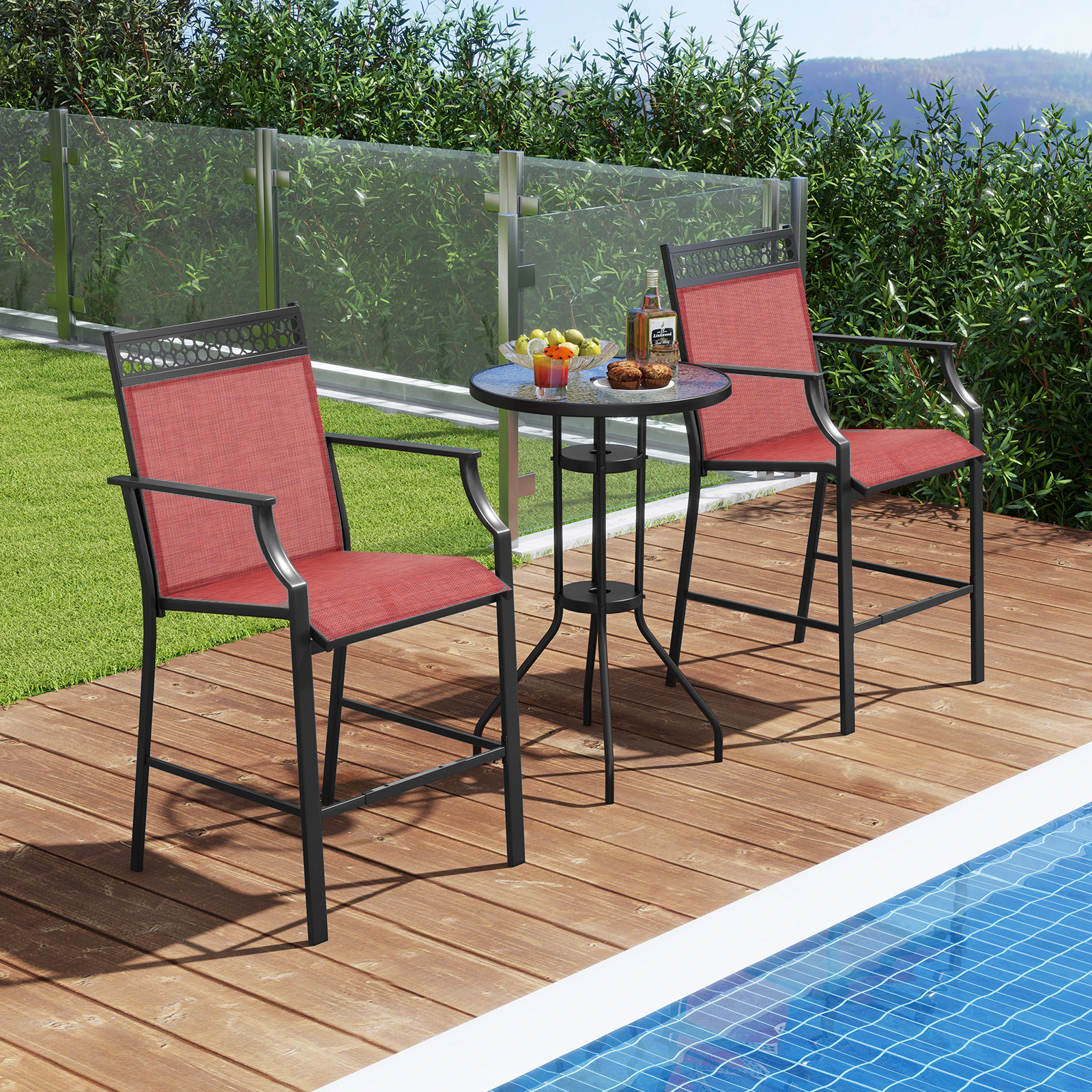 SUGIFT Outdoor Counter Bar Set of 2 Heavy-Duty Barstools with Footrest & Armrests 400-lb Capacity 45-in Tall 25-in Seat