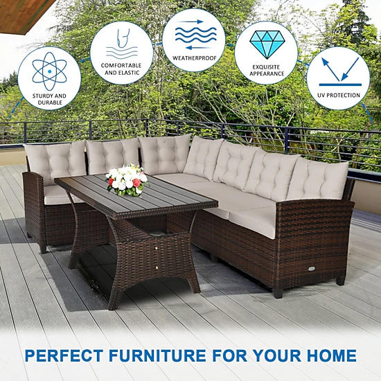Hivvago 3 Pieces Hand-Woven Rattan Outdoor Sofa Set With Dining Table