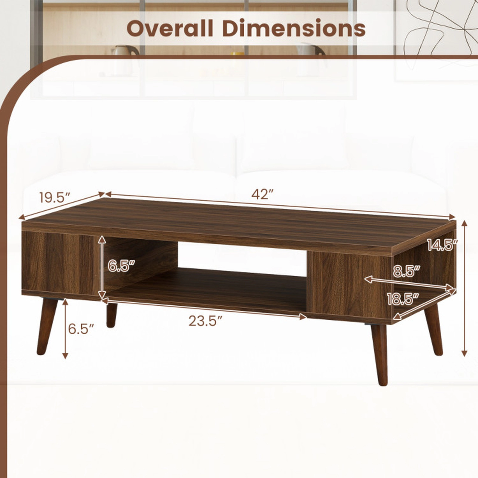 SUGIFT Mid Century Modern Rectangular Coffee Table with Open Compartment and Side Shelves 88-lb Tabletop Capacity Walnut