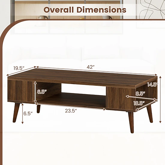 SUGIFT Mid Century Modern Rectangular Coffee Table with Open Compartment and Side Shelves 88-lb Tabletop Capacity Walnut