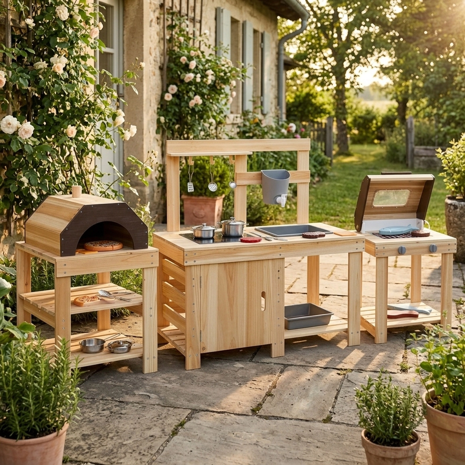 3-Piece Kids Outdoor Mud Kitchen Set with BBQ Grill Pizza Oven and Play Food 34-in x 16.5-in x 37-in Fir Wood