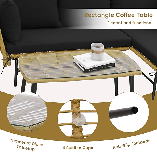 Hivvago 3 Pieces L-Shaped Patio Sofa With Cushions And Tempered Glass Table