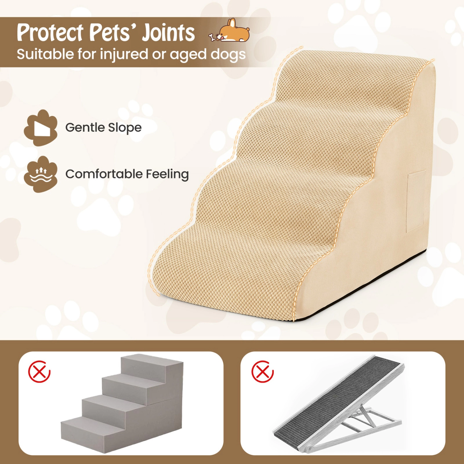SUGIFT Beige 4-Tier Foam Dog Stairs with Washable Zippered Cover 28.5-in W 16-in D 20-in H 132-lb Step Capacity