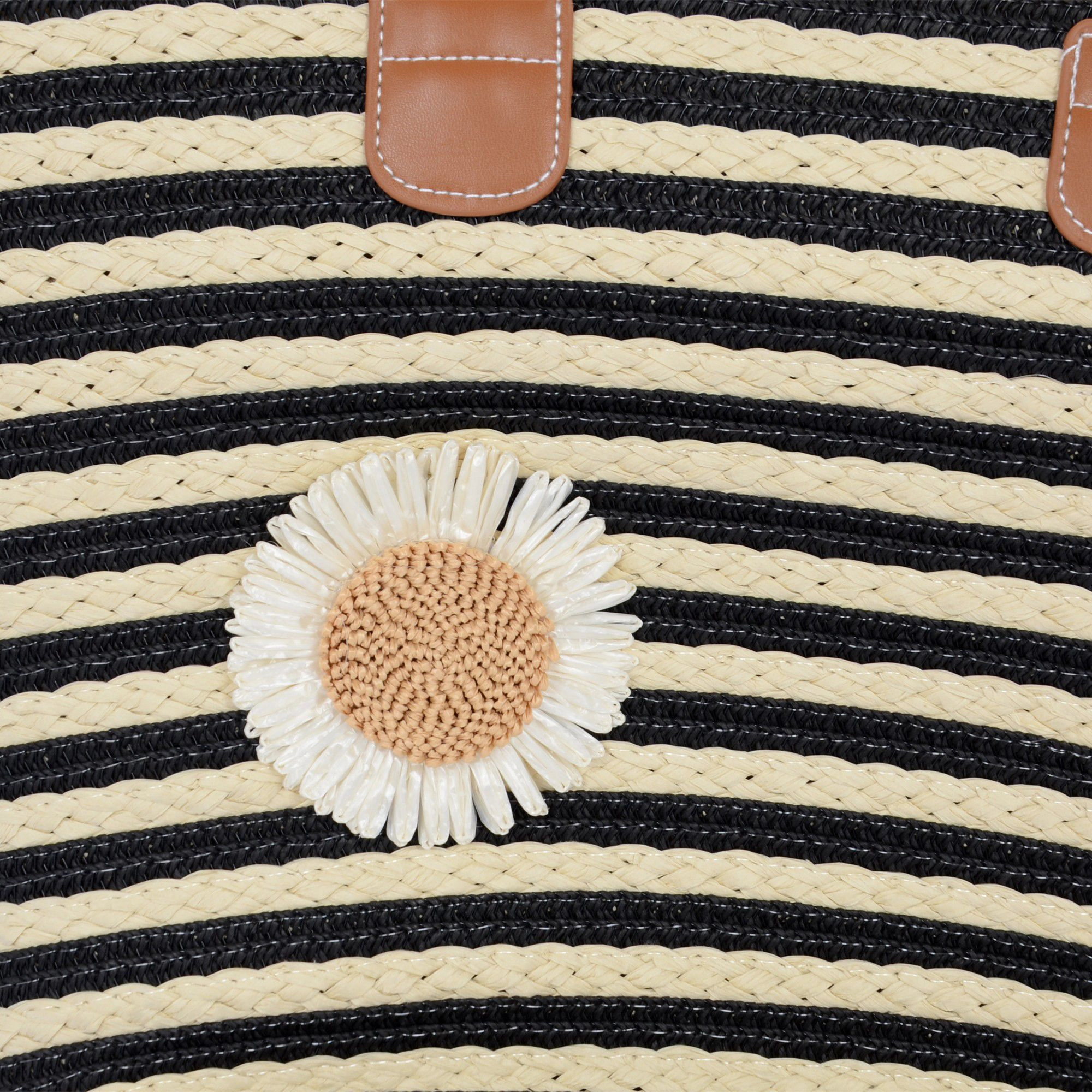 Alilang Women's Striped Woven Tote Bag with Dual Shoulder Straps Frayed Edge Trim and Floral Charm Detail