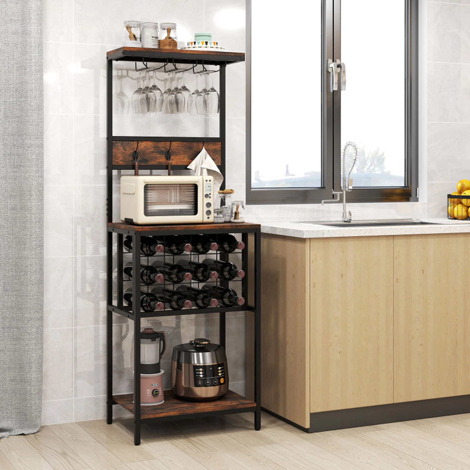 SUGIFT Freestanding Wine Bar Cabinet Rustic Brown with 12 Bottle Rack and Glass Racks